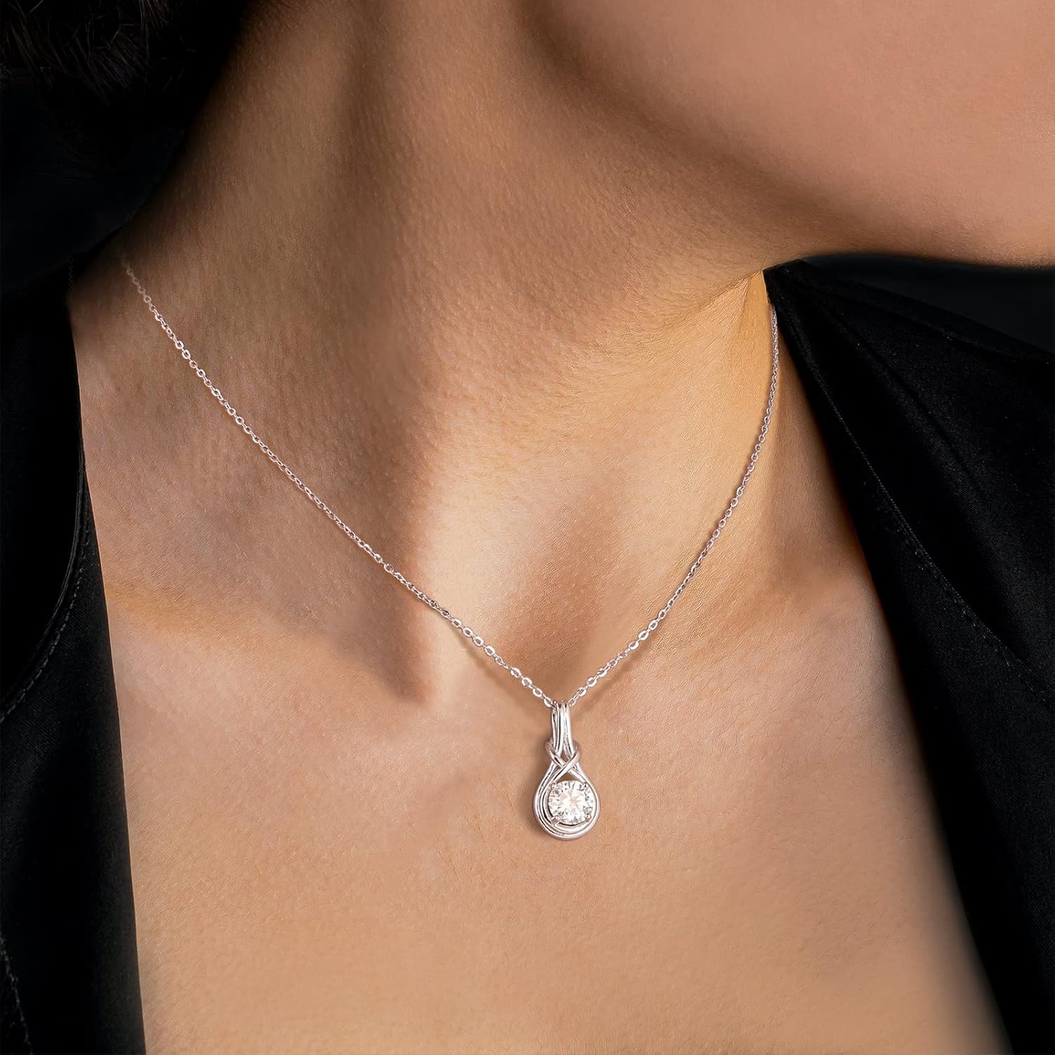 Sterling Silver Moissanite Pendant Necklace:1 Carat Round Cut Moissanite Solitaire Diamond Necklace with White Gold Plated Chain - Trendy Infinity Knot Gem Jewelry for Women - Image 2