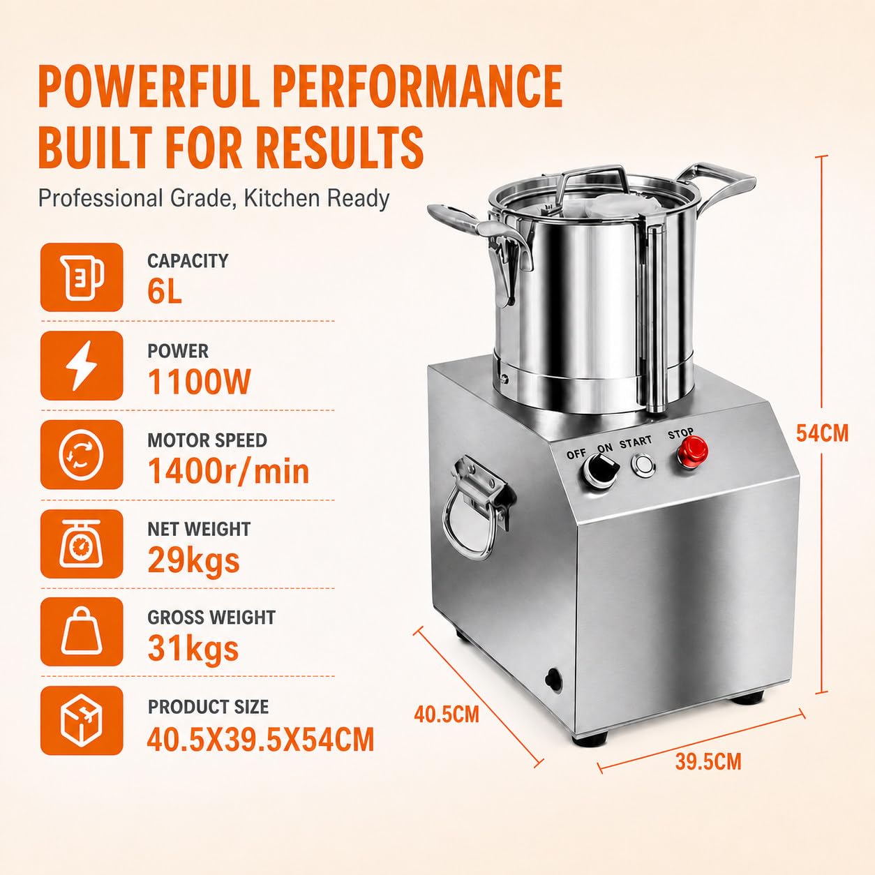 Procesador De Alimentos Comercial 3l/ 4l/ 6l/ 10l/ 15l, Trituradora De Alimentos Aparato Triturador Profesional, Acero Inoxidable Espesado, Igienico E Facile Da Pulire 6L