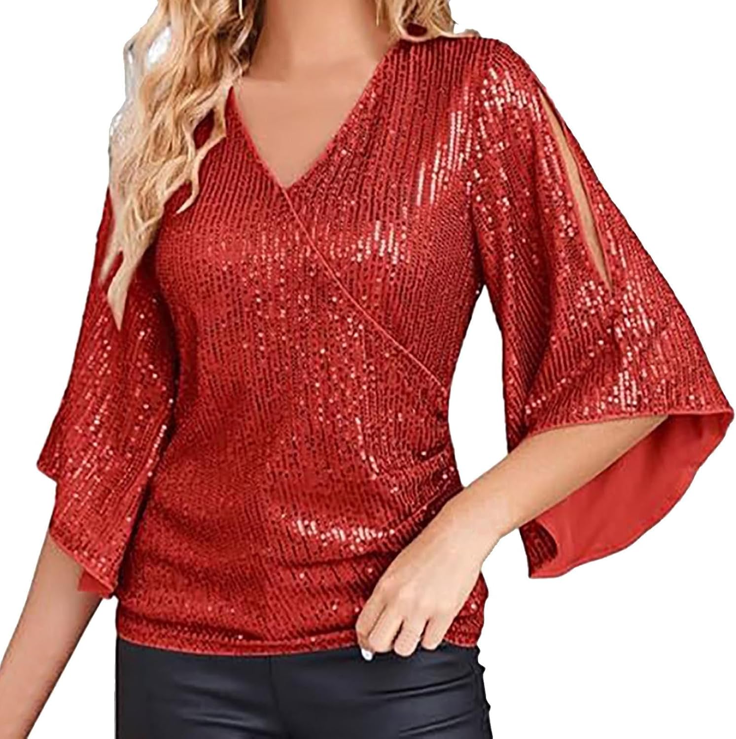 Womens Sequin Shirts 3/4 Sleeves V-Neck Glitter Sparkly Party Blouse Tops Dressy Shirts T-Shirt for Evening Party
