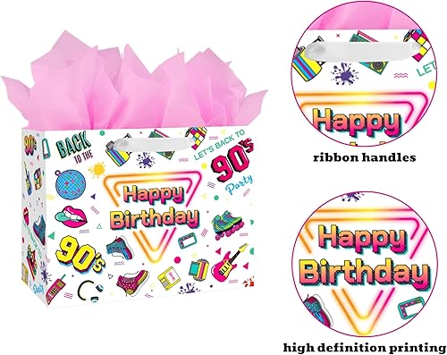 Miniatura 3 de BATYONGOGA Bolsa grande de regalo de cumpleaños de los 90 de 13 pulgadas con asas, tarjeta de felicitación y papeles de seda, color negro, temática