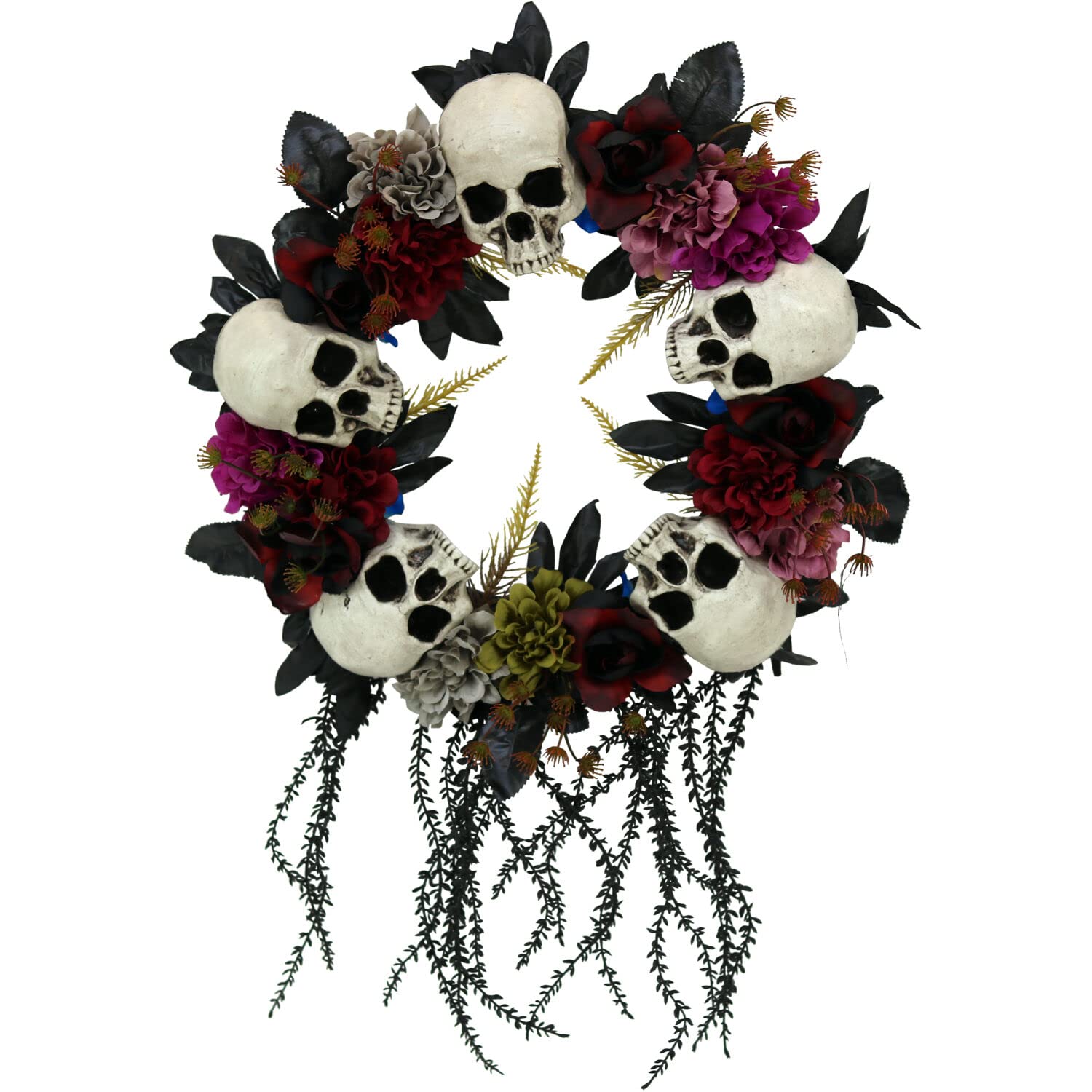 Haunted Hill Farm 24 in. Hanging Wreath with Skulls, Fall Flowers, and Vines, Indoor/Covered Outdoor Halloween Props Decoration
