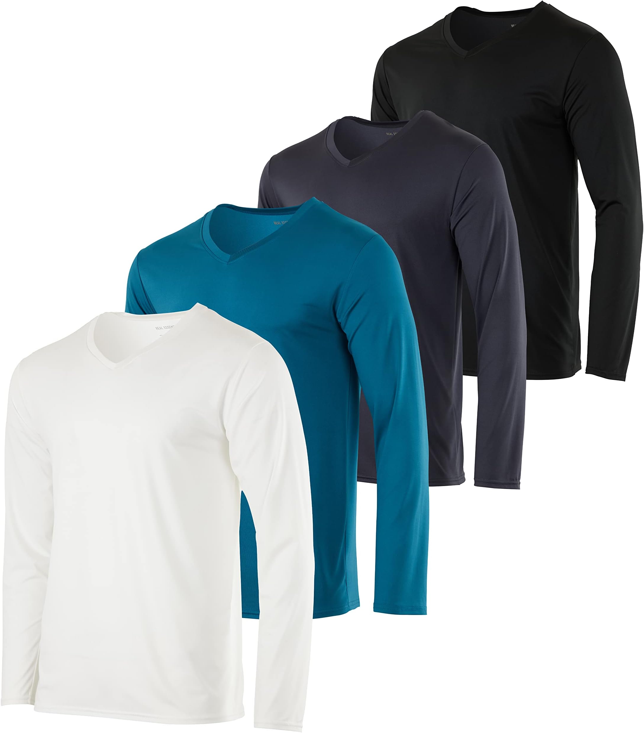 Real Essentials4 Pack: Men's V-Neck Long Sleeve Dry Fit Active T-Shirt - Athletic Outdoor Lifestyle Shirt (Available in Big & Tall)