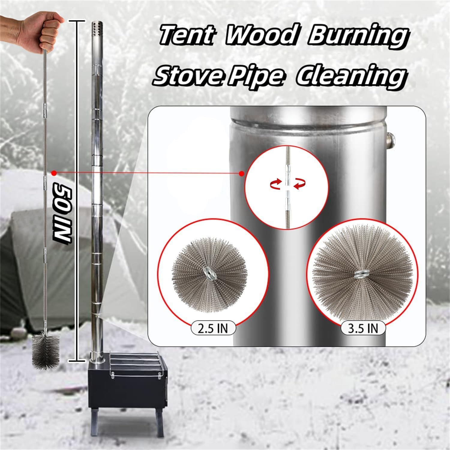 Tent Wood Burning Stove Pipe Cleaning Brush with Stainless Steel Bristles