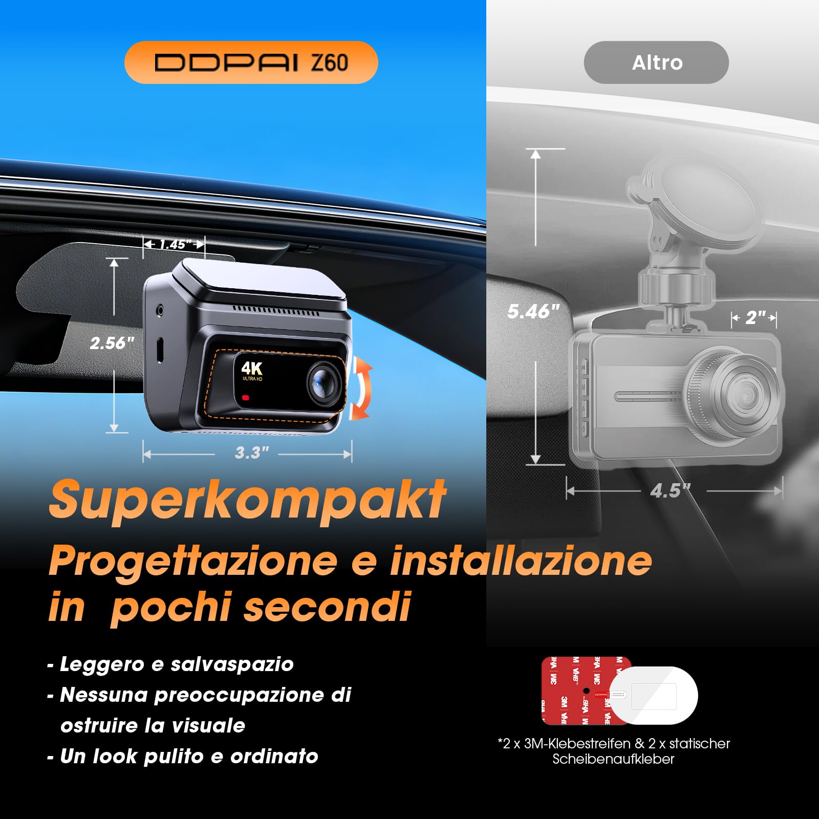 DDPAI Dash Cam Auto, 4K + 1080P Telecamera Auto con 32GB eMMC Integrati, Visione Notturna A Colori, 4G LTE Support, WiFi 6 5GHz, GPS, Modalità Parcheggio 24H, Schermo IPS 3", ADAS, G-Sensor, Z60 | 512G Max, AI ISP Night Vision 2.0, 5GHz WiFi, GPS, 7-Day A