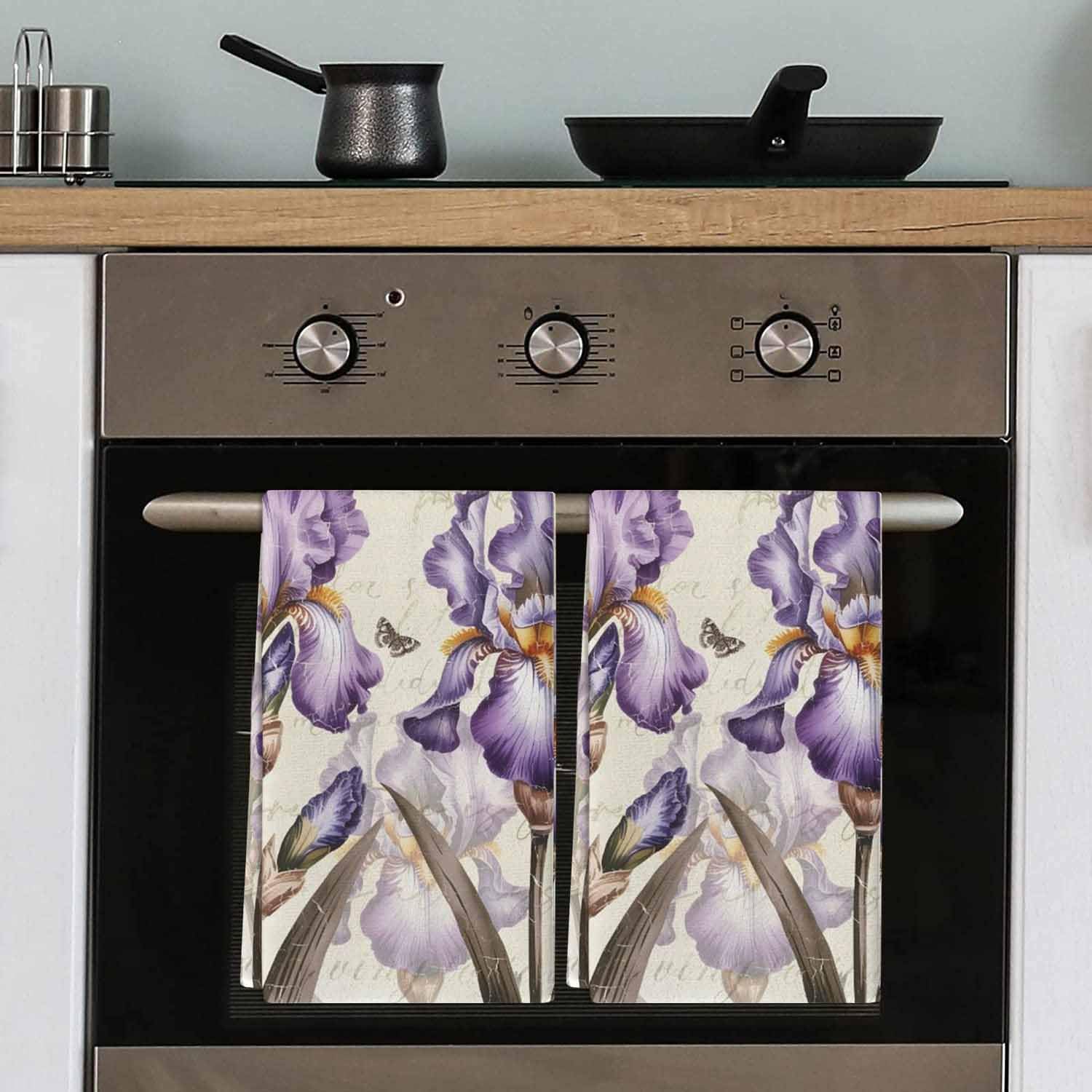 Kitchen Towels Set of 3 Purple Flower Butterfly Tea Dish Towels and Dishcloths Sets Decorative Tea Towel Elegant Blossoms Iris Floral Absorbent Hand Towels for Kitchen Drying Bathroom Decor Gift 18x28