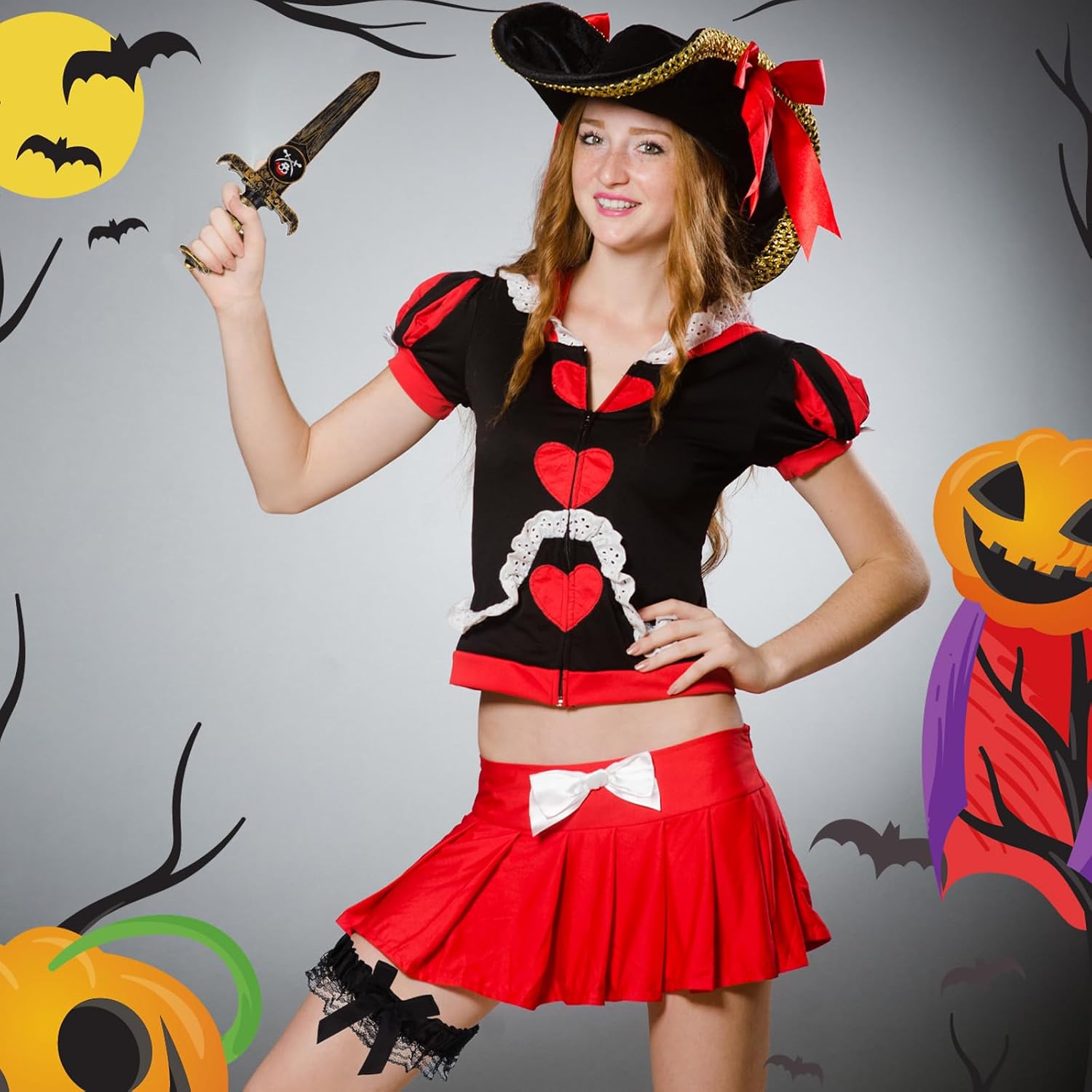 2 Pcs Halloween Bow Garter with Pirate Dagger Lace Bow Leg Ring Sword Leg Holster for Women Halloween Pirate Dress up Props