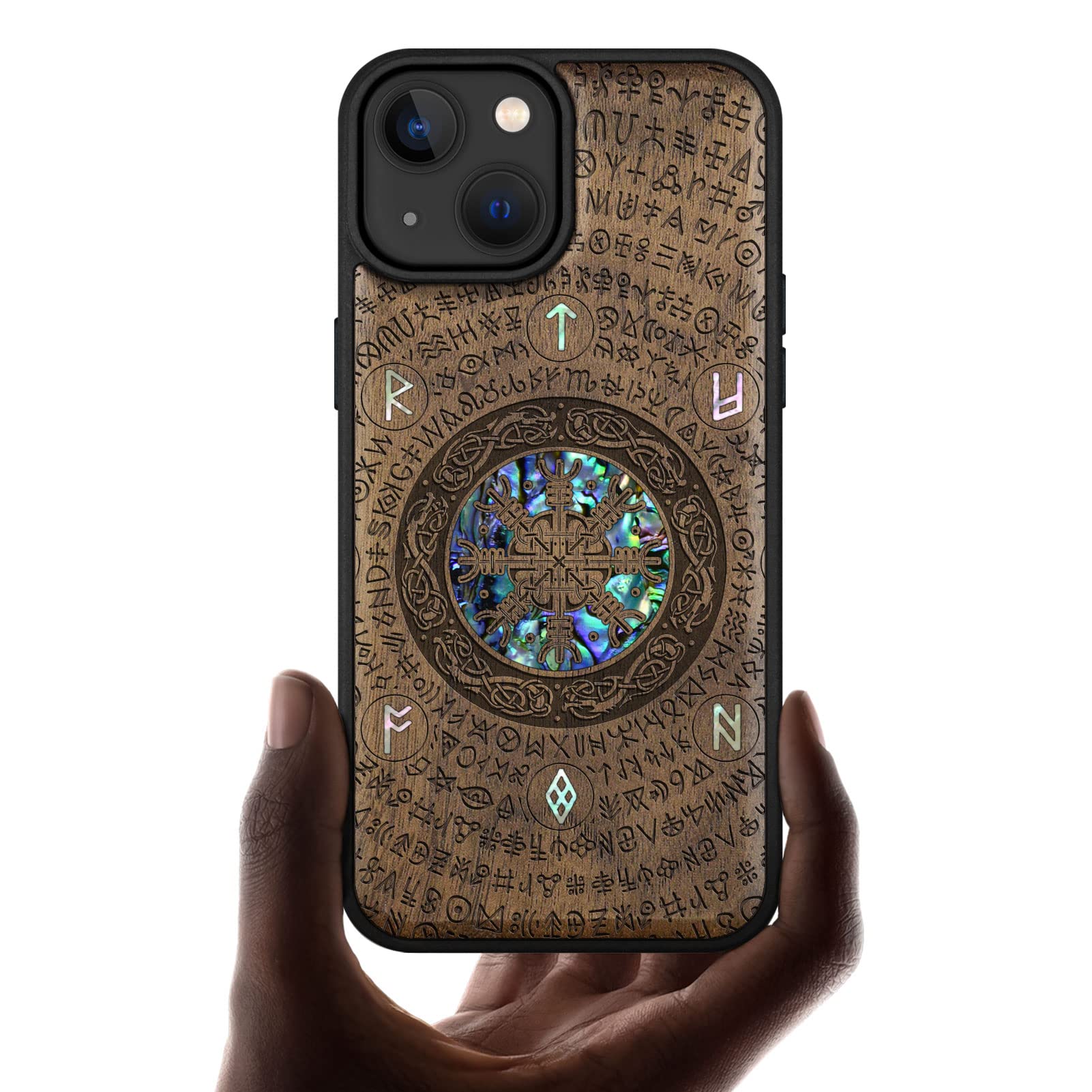 Carveit Designer Wooden Protective Magnetic Case for iPhone 14 Case [Wood Engraving & Shell Inlay] Unique Wood Phone Cover Compatible with iPhone 14 MagSafe 6.1 Inch (Viking-Walnut)