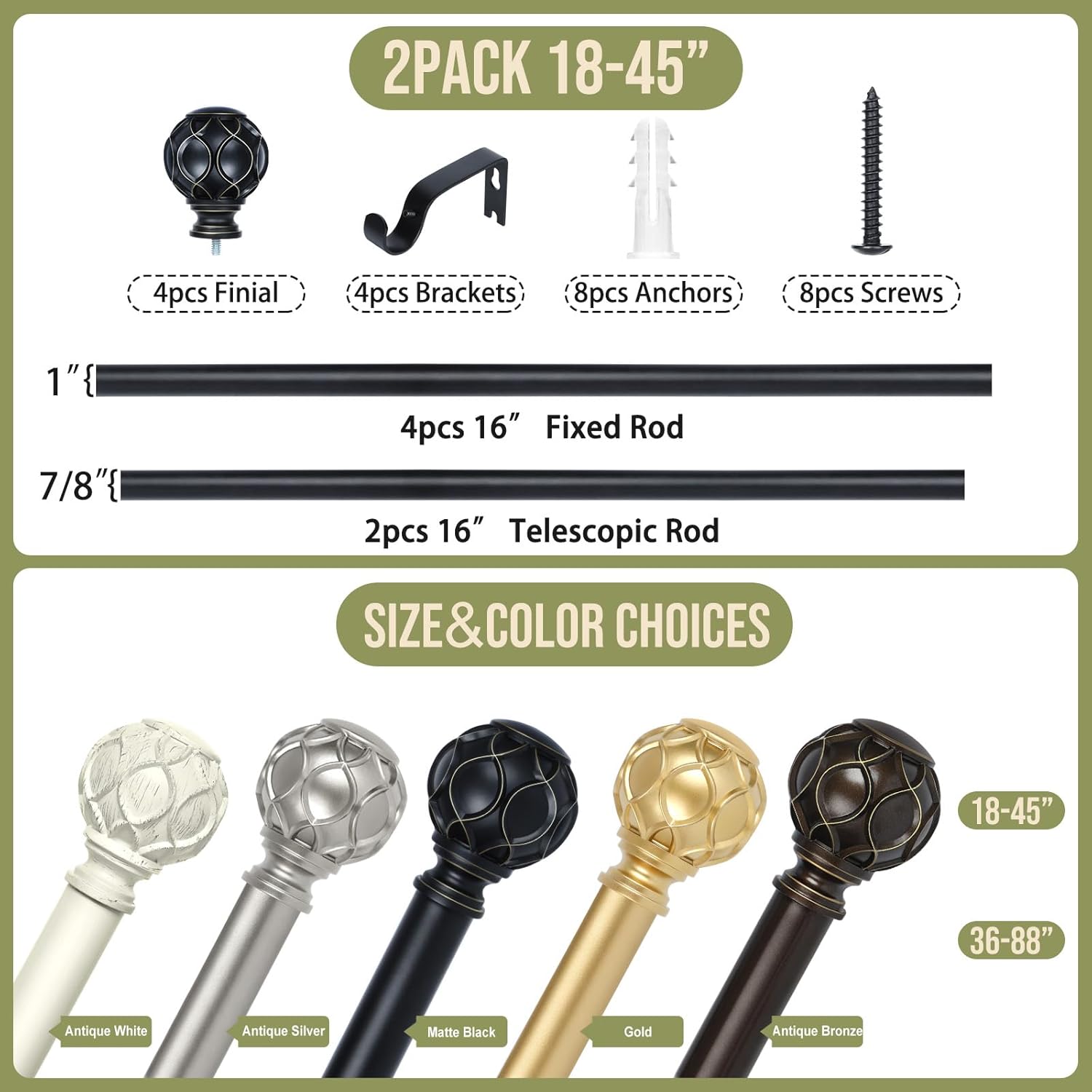 Black Adjustable Curtain Rods for Windows:Farmhouse Heavy Duty Curtain Rod for Bedroom Living Room,Boho Decorative Rustic Drapery Rods with Vintage Coastal Finials,Matte Black 2 Pack 18-45