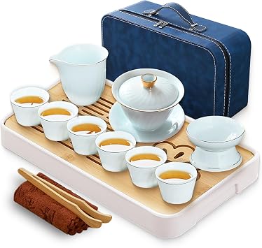 Chinese Tea Set, Gaiwan tea set, Kung Fu Tea Set, Gongfu tea set, Mutton fat white jade tea set,Porcelain tea set, Ceramics tea set, portable tea set Gaiwan set-6Cups