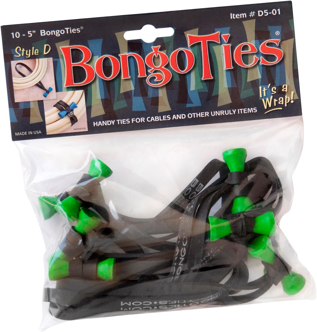 BongoTies GREEN & BLACK "Tree Frog" Bongo Ties - 10 Pack "Style-D" ~ Professional cable ties made of natural rubber and bamboo ~ HANDY TIES FOR CABLES AND OTHER UNRULY ITEMS