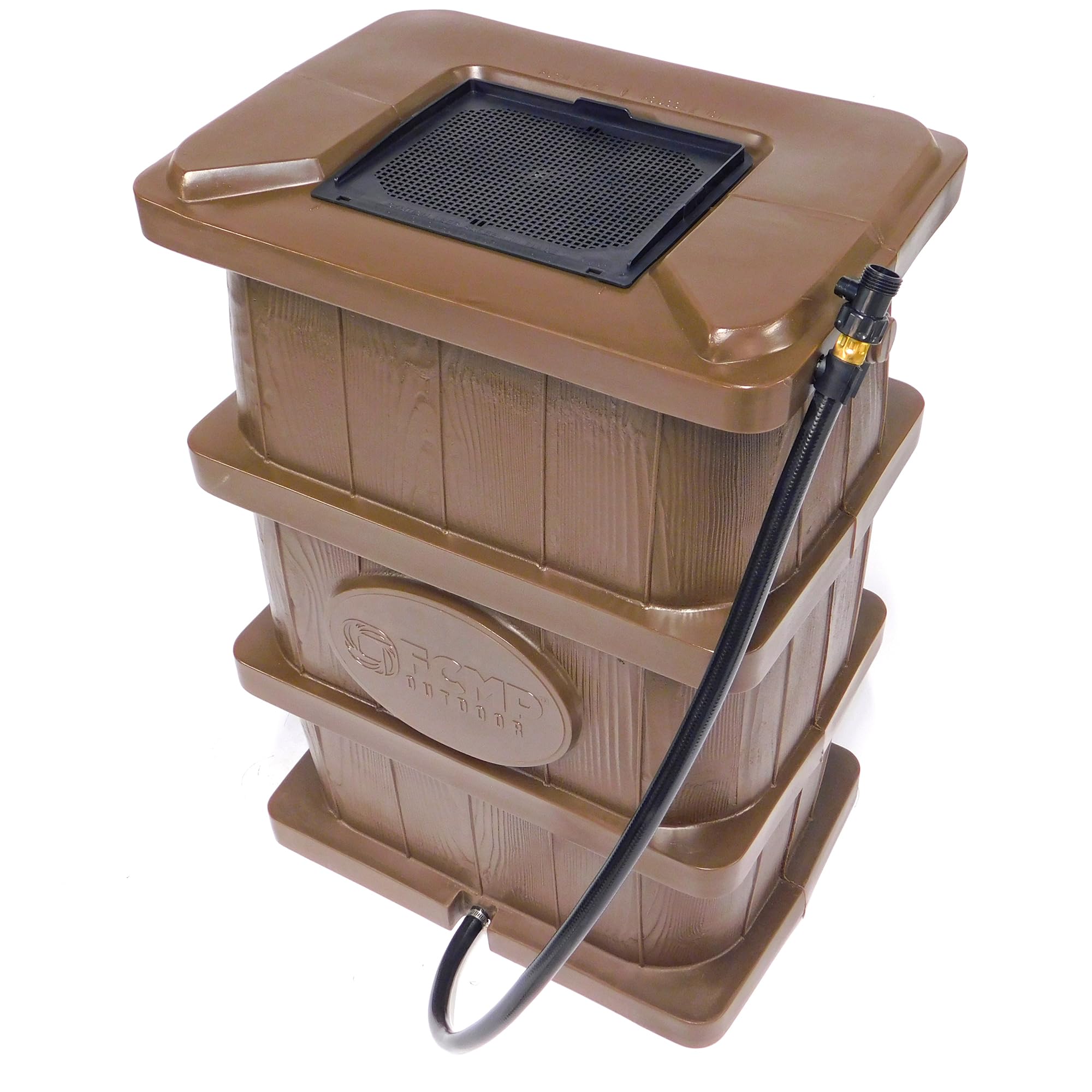 FCMP Outdoor Slim Line Design 45-Gallon Wood Grain Outdoor Home Rain Water Catcher Barrel Flat Back Container with Spigots and Mesh Screen, Brown