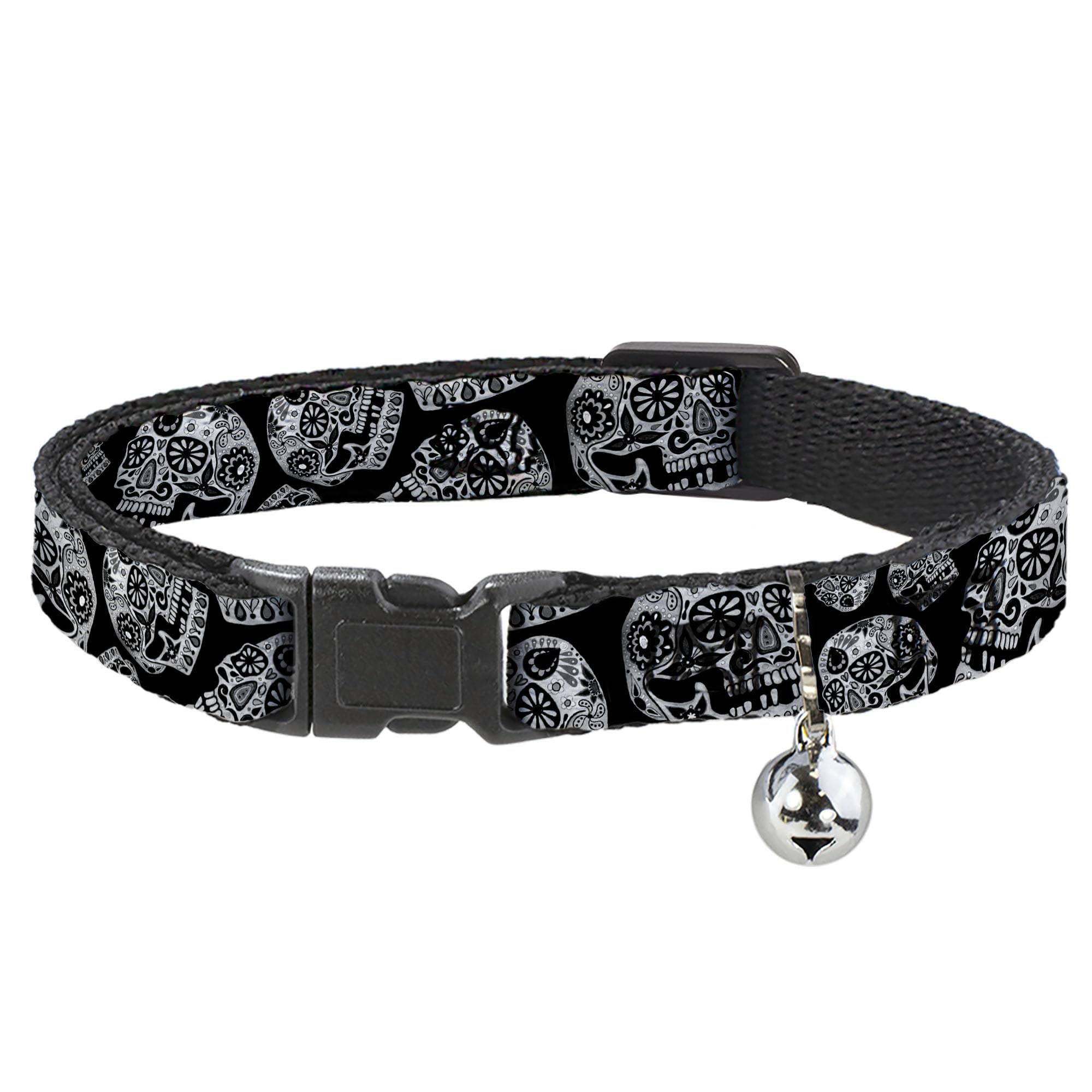 Collar de gato breakaway negro y blanco Sugar Skulls ajustable de 20 a 30 cm de largo