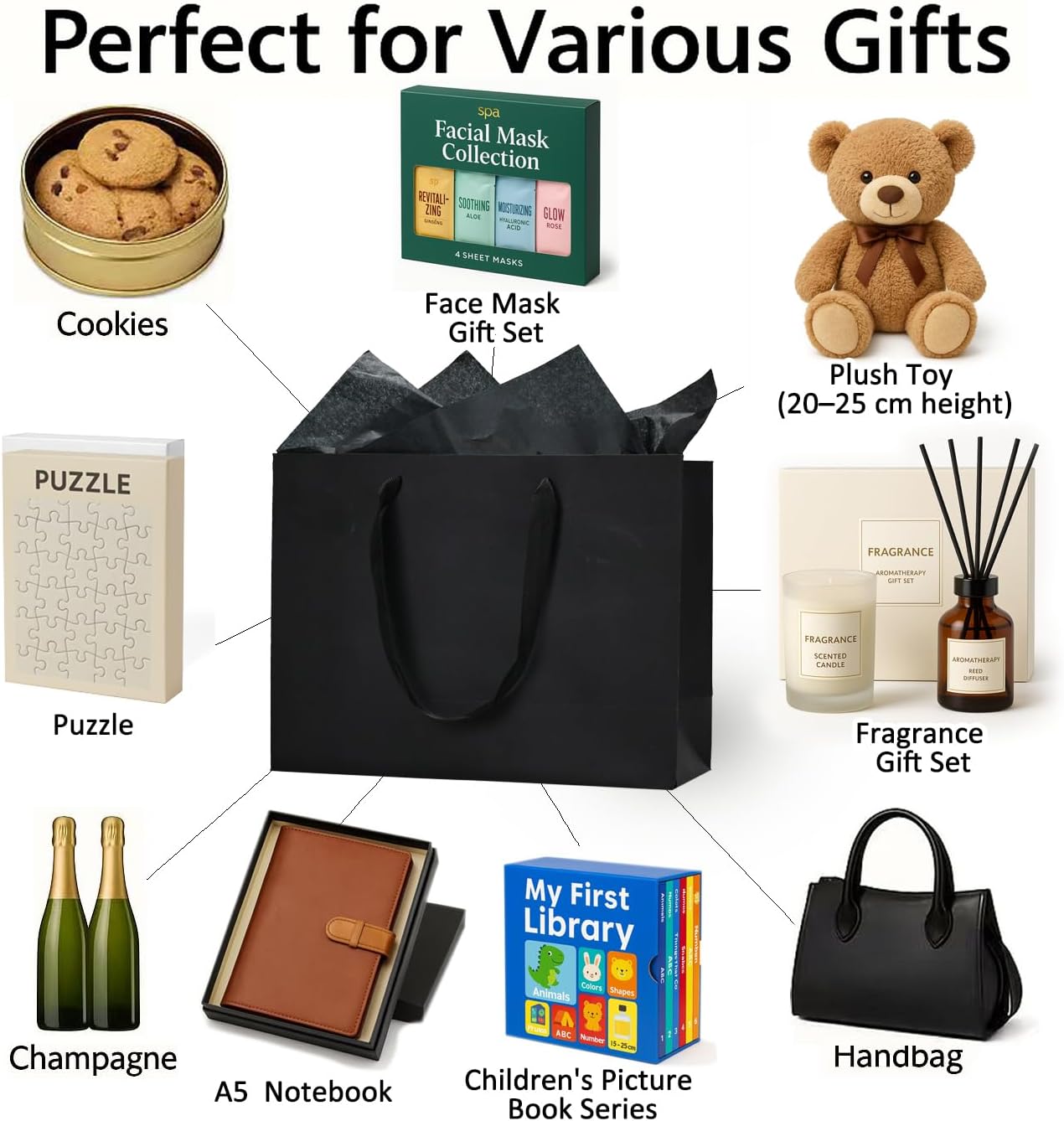 Papertide 30 Pack Large Black Gift Bags 13x5x10 inch with Tissue Paper, Reusable Big Gift Bags for Clothing, Shoes, Wine, Birthday, Christmas, Wedding Favors