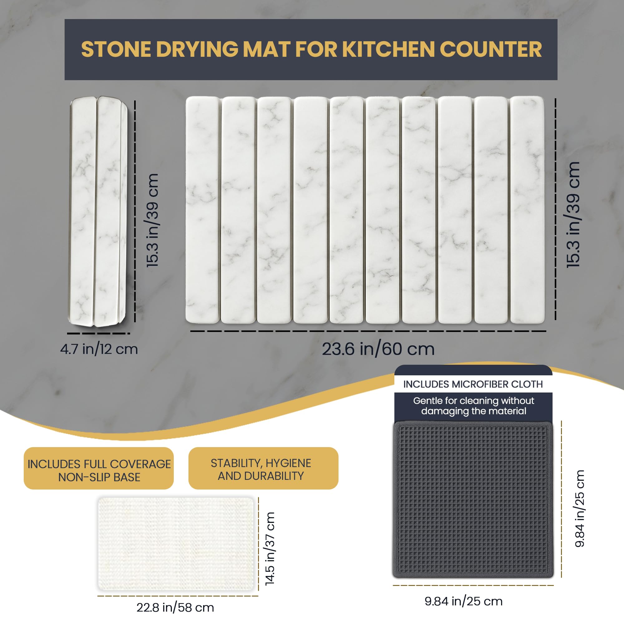 Elitium Stone Drying Mat For Kitchen Counter – Quick-Dry Stone Drying Mat with Anti-Slip Base & Microfiber Cloth, White Color, Foldable Design, Versatile Use For Kitchen, Bath, And Pets – 24