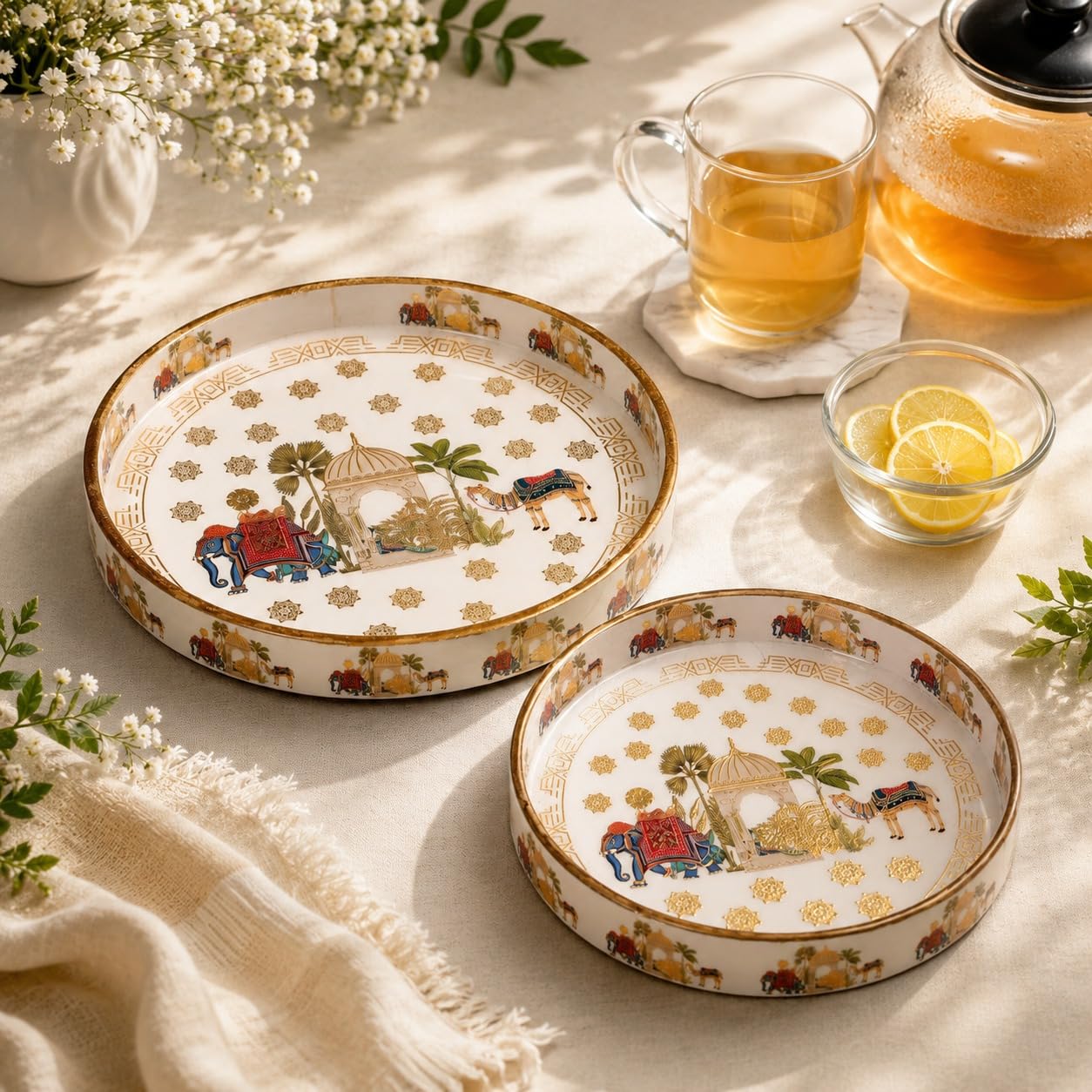 DULI Set of 2 MDF Wood Trays Enamel Coated| Round Trays Set of 2 | Serving Trays | Wooden Tray | Kitchen&Dining Decorative | Resin Tray | 7x7, 9 x 9 inches (SmSetof2Rd-CamelElephant)-image-3