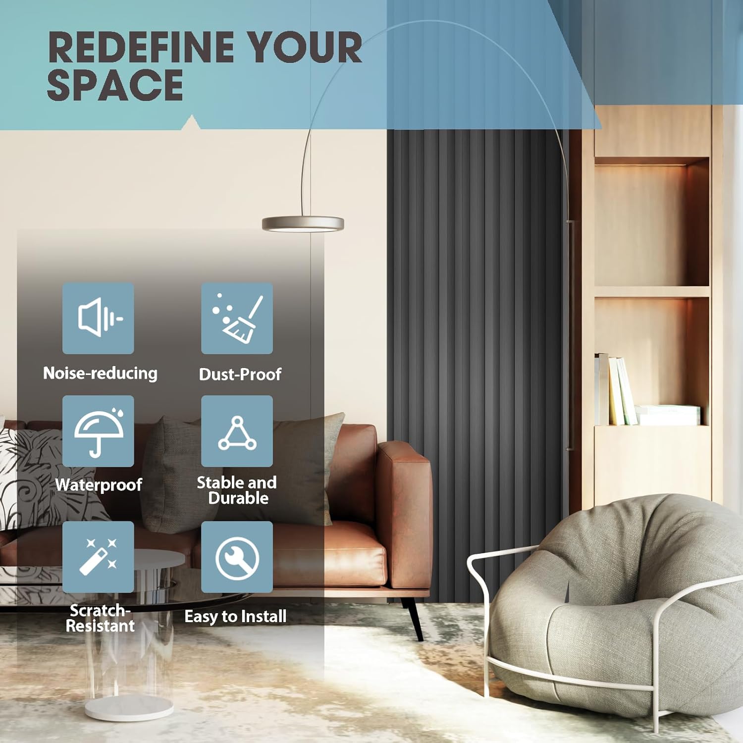 OUZUGIE WPC Acoustic Slat Wall Paneling, 8-Pack 114 x 6 Inches 3D Wall Panels for Interior Wall Decor,Living Room,TV Background,Study Room,Office Spaces,Bedroom,High Grille (Metallic Dark Gray)