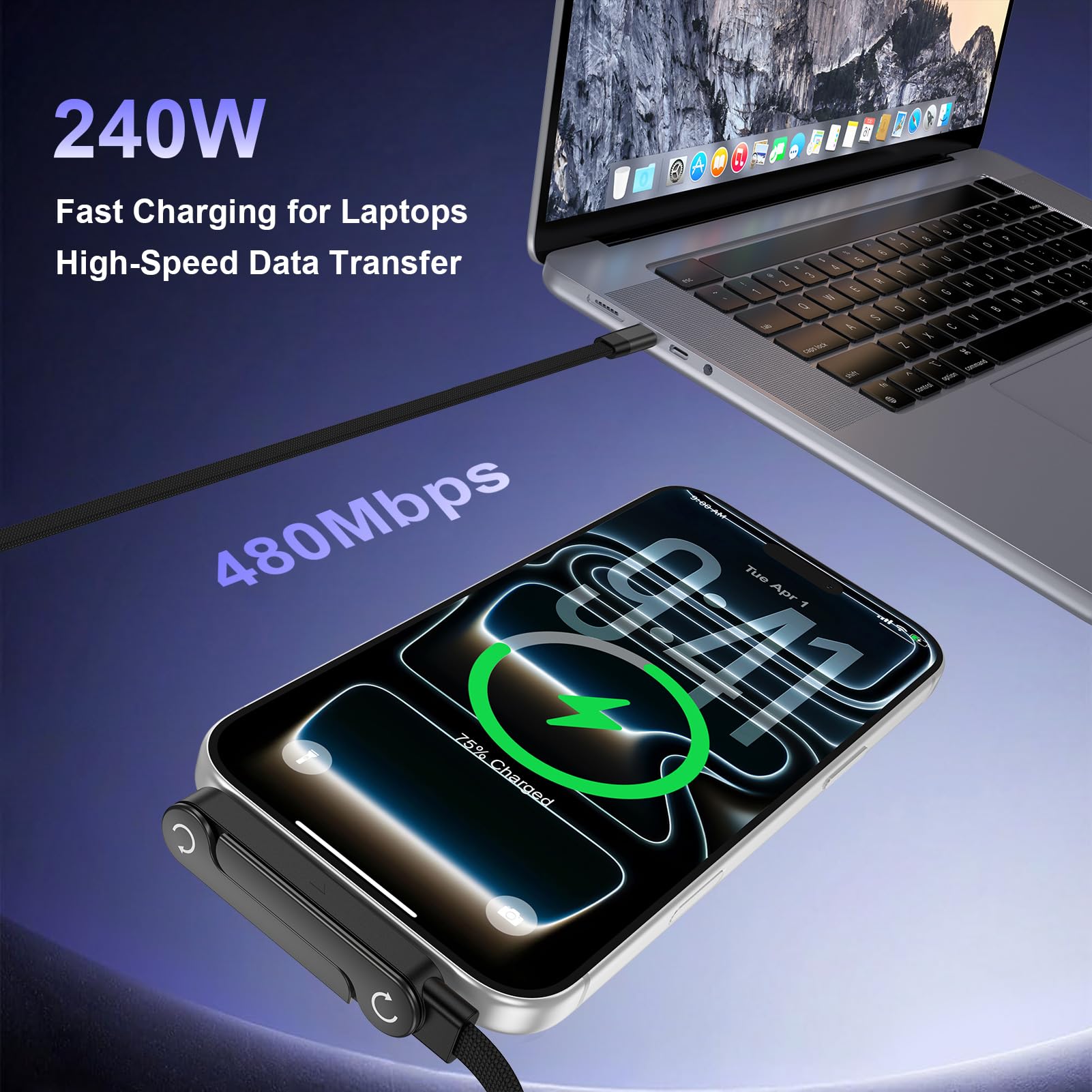 Cavo USB di tipo C di ricarica rapida 240w 1,5 m con supporto invisibile | Cavo USBC a forma di T con cavalletto pieghevole ad angolo di 90°, cavo di ricarica piatto per Samsung Galaxy S26 Ultra S25