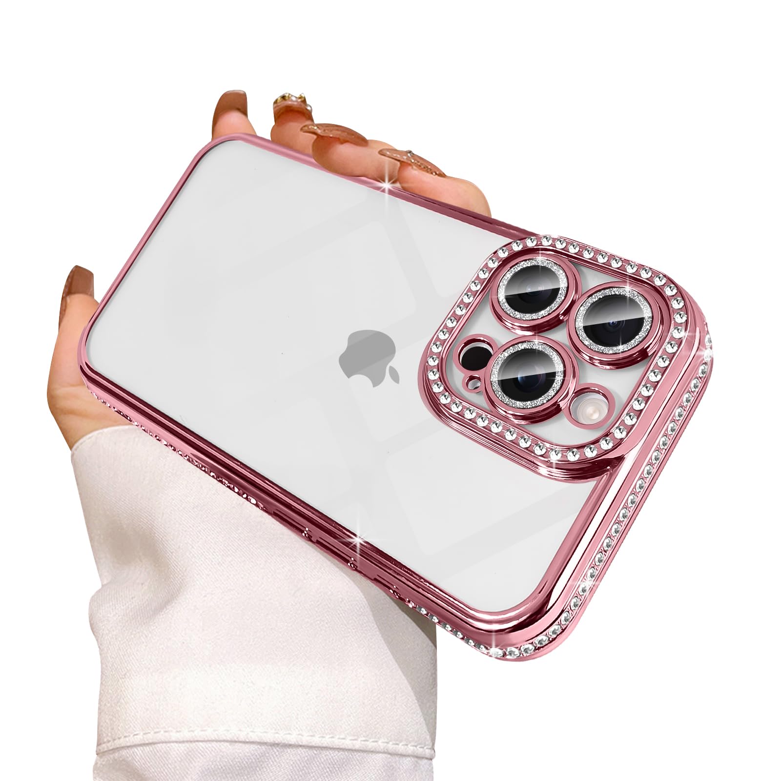 Coque iPhone 16 Pro Max rigide transparente strass roses de qualité supérieure - 8