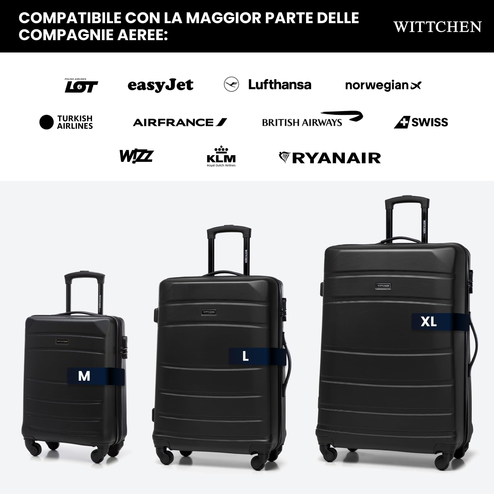WITTCHEN Valigia da viaggio Bagaglio a mano Valigia da cabina Valigia rigida in ABS con 4 ruote girevoli Serratura a combinazione Maniglia telescopica Globe Line Taglia S Nero Ryanair/ITA Airways