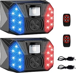 Solar Strobe Alarm Light with Motion Sensor Siren Outdoor with Remote Controller 129db Sound Security Siren Light IP67 Waterproof and 4 Mode for Home,Farm,Barn,Villa,Yard(2 Pack)
