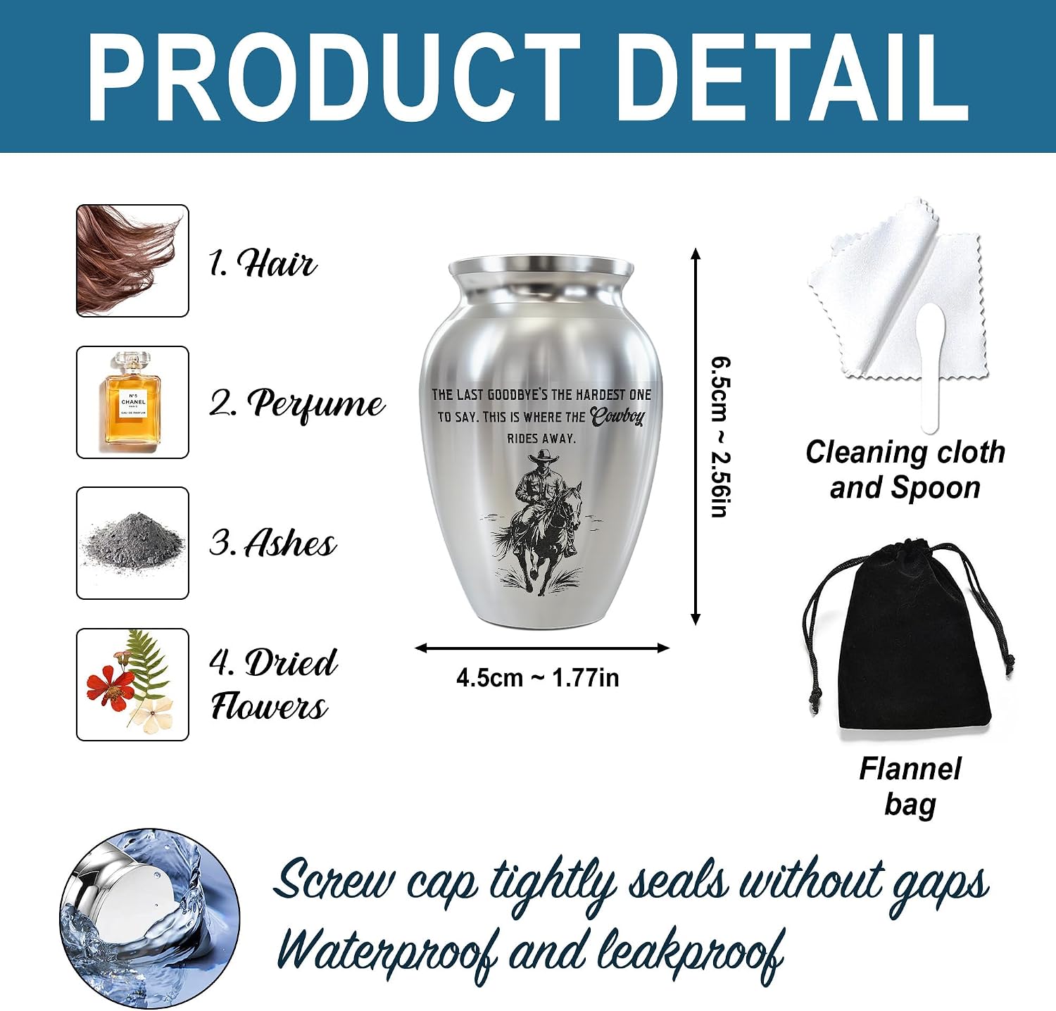 Cowboy Mini Keepsake Urn, Stainless Steel Small Memorial Urn for Human Ashes, Decorative Funeral Urn with Engraved Western Cowboy Boots and Hat with Cross, 2.56" Small Remembrance Vessel