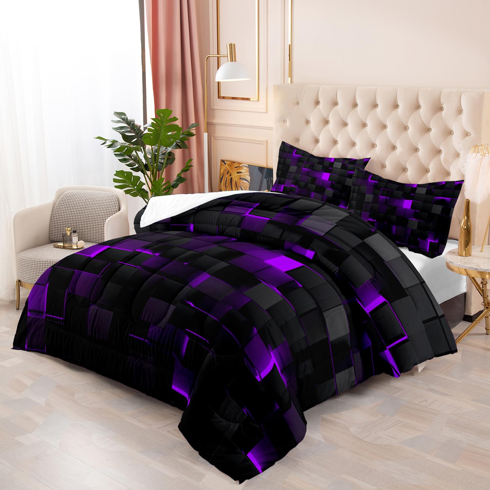 Geometric Violet Black Comforter Set,Light Honeycomb 3 Piece Bedding Set King Size for Teen Boys,Modern Bedding Quilt Set Geometry Decor,Microfiber