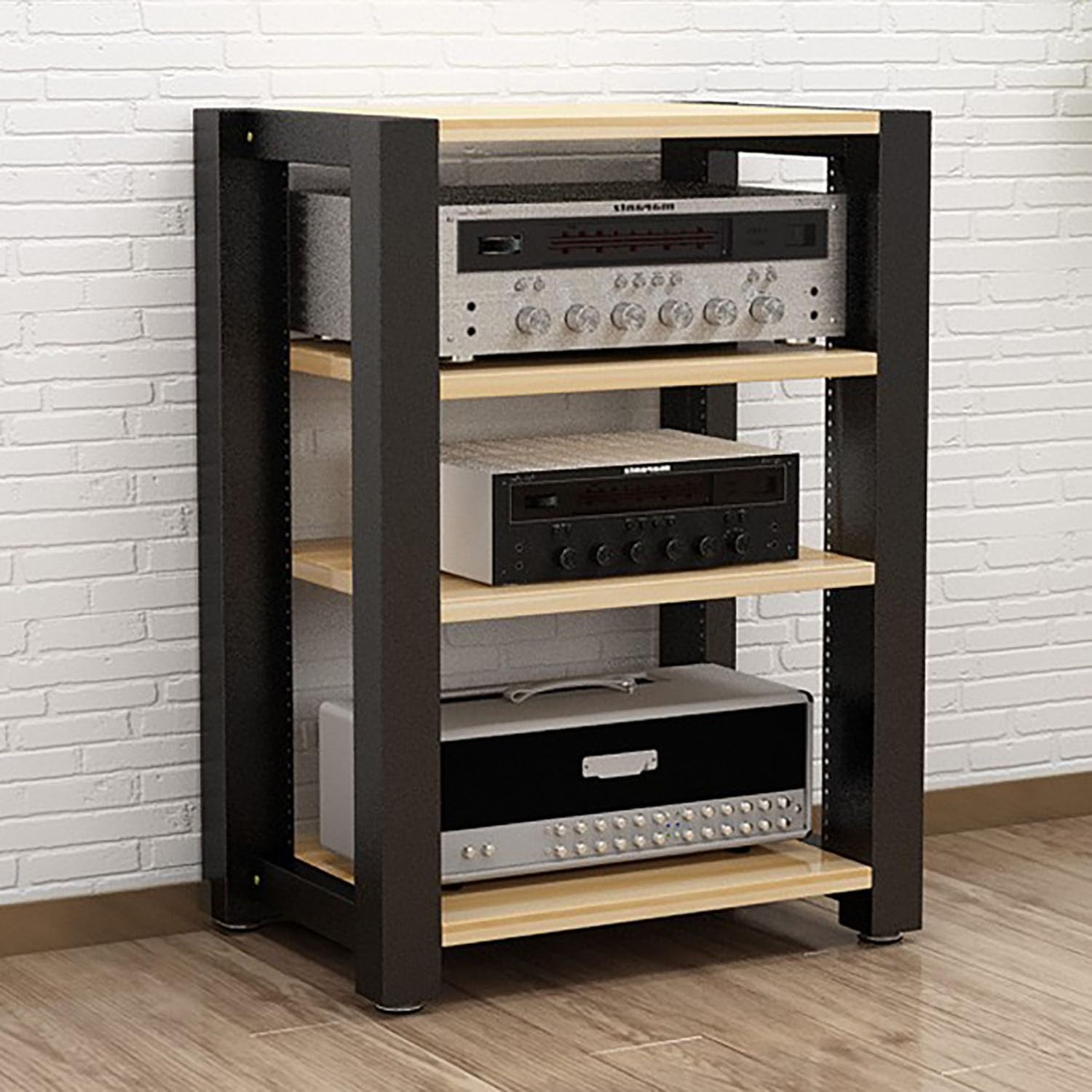 Consoles de jeux et décodeurs sur un meuble TV bois à 4 niveaux jaune