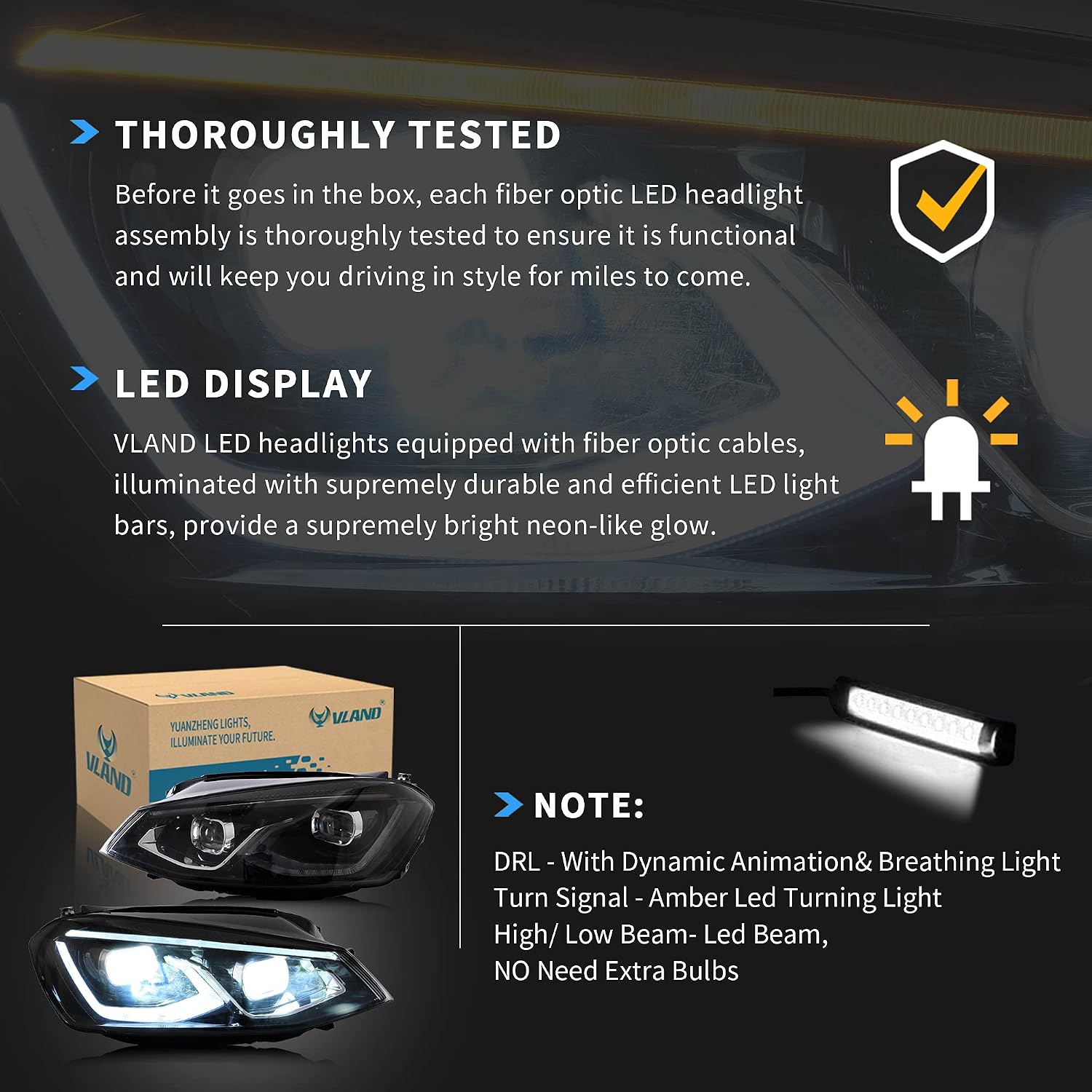 VLAND Led Headlights Compatible with Golf7 MK7 2014-2019 (Not Fit TDI, GTI& Golf R) w/Dynamic Animation, Full LED Front Lamp Assembly Including Passenger&Driver Sides