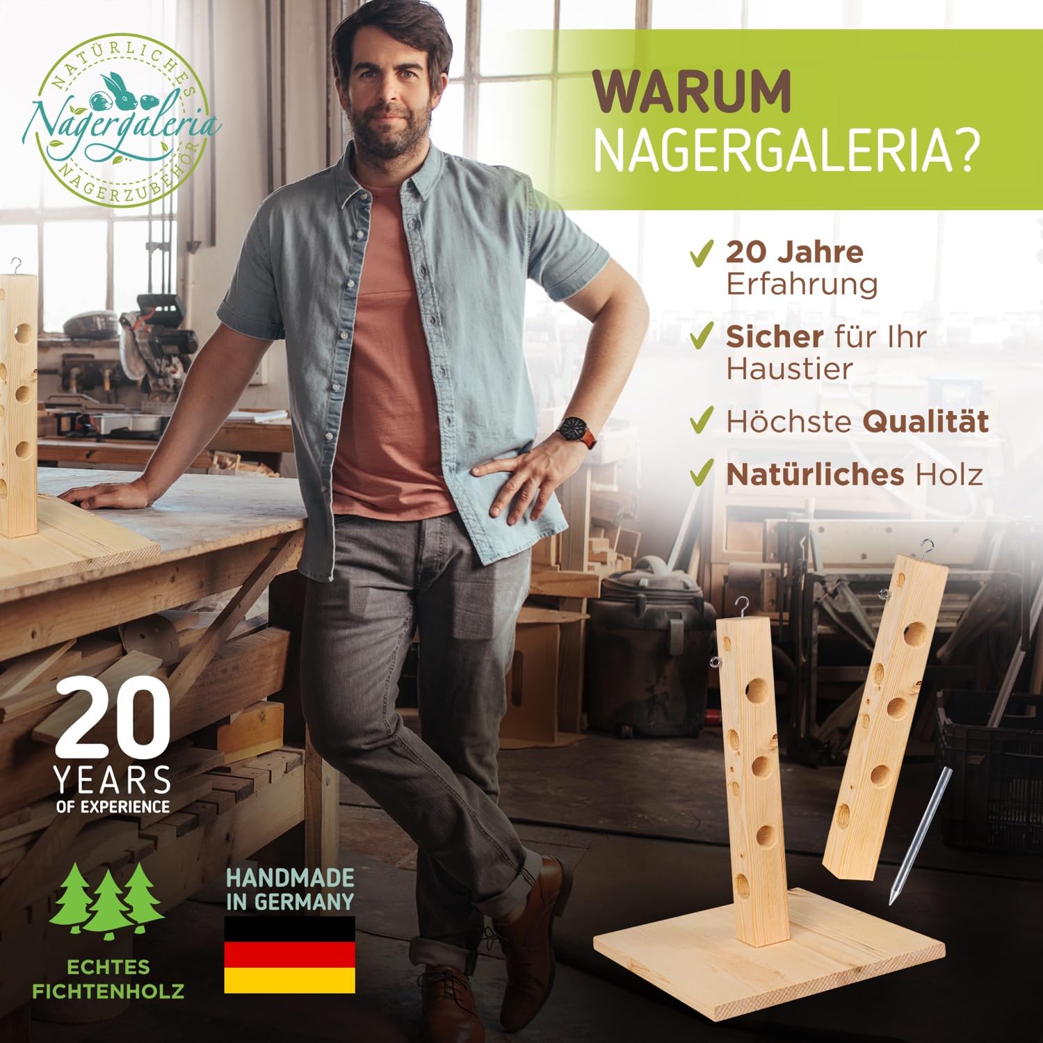 Futterbaum Kaninchen Meerschweinchen mit Bodenplatte aus Holz und Erdspieß fürs Freigehege Hasen | Heuraufe Kaninchen