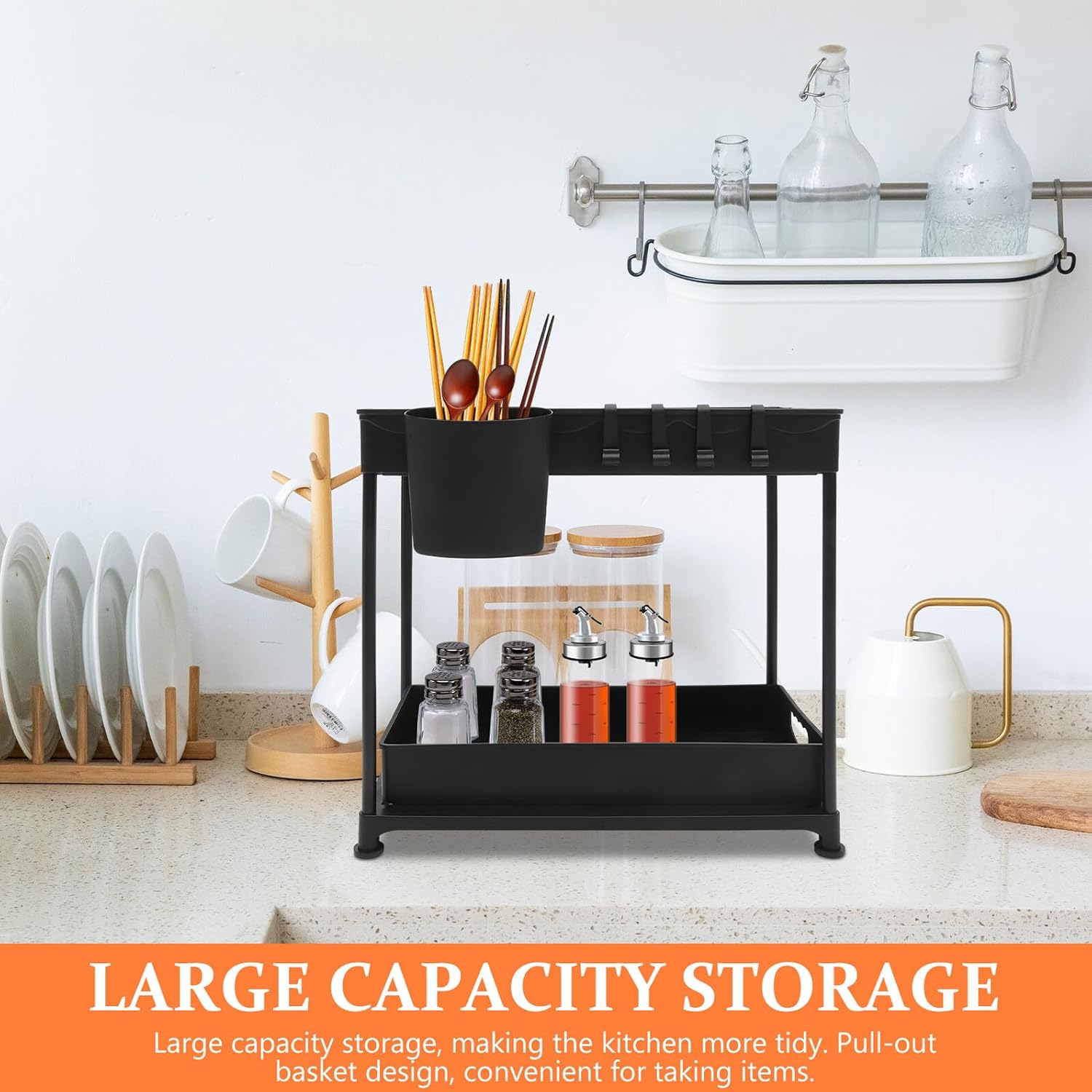 Sink Storage Organizer Retractable Telescopic Sink Shelf Kitchen Cabinet Pull out Drawer Rack for Bathroom and Kitchen Storage, Black