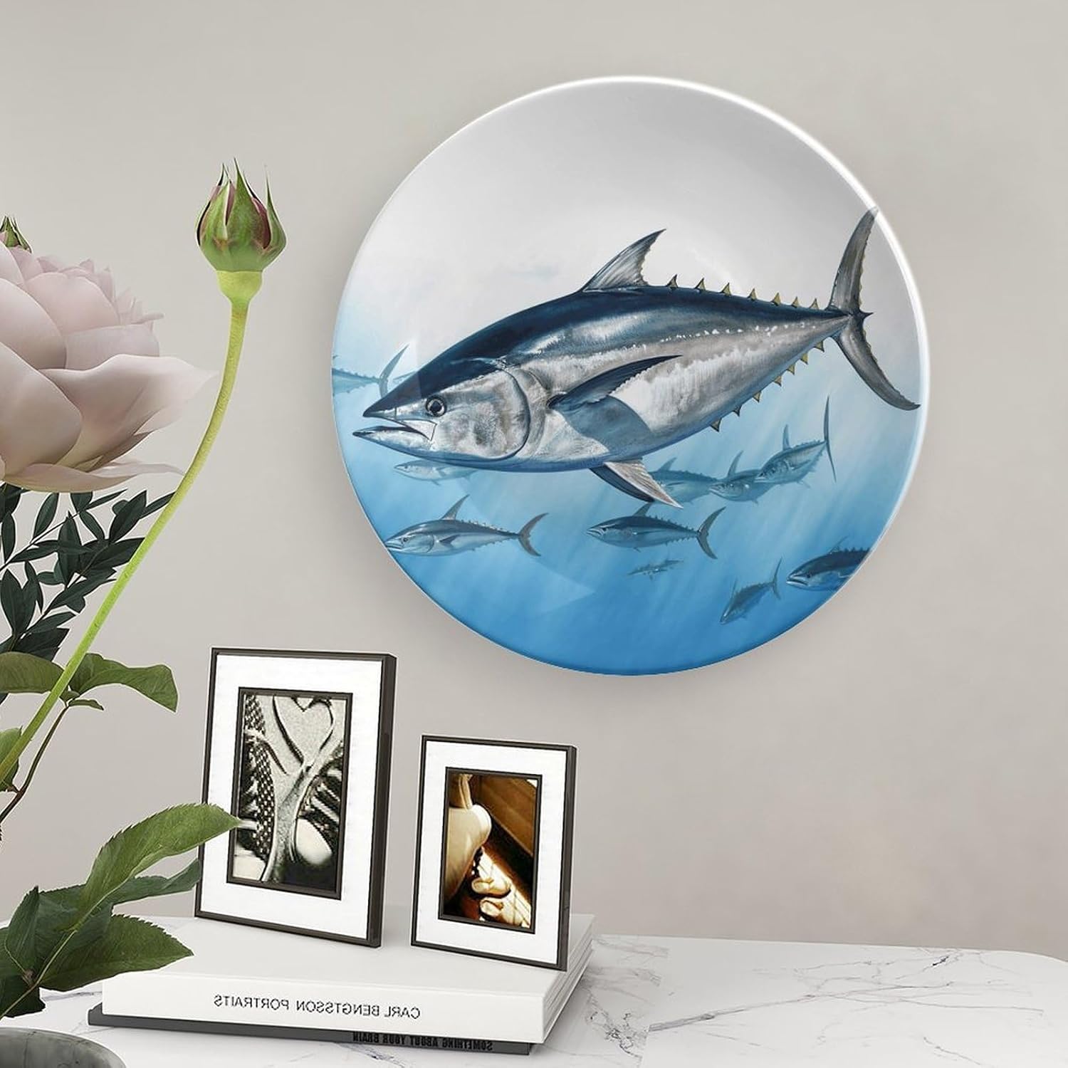 Bluefin Tuna Thunnus Decorative Plates for Display Round Porcelain Plate Living Room Table Ceramic Hanging Decorative Plate Art Decor for Living Room Table with 1 Display Stand 8inch