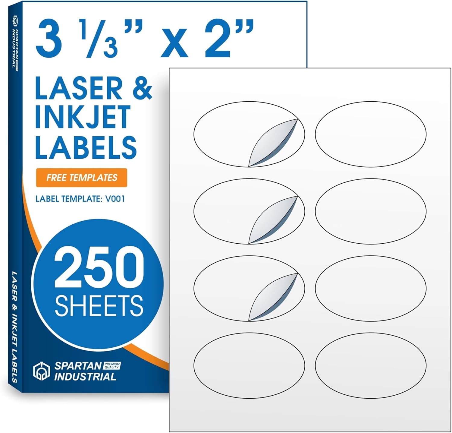 3.33" X 2" Oval Printable Labels for Inkjet and Laser Printers - 500 Sheets, 4000 Total Custom Stickers for Product Labeling, Business Logos, Packaging Stickers - Spartan Industrial Template V001