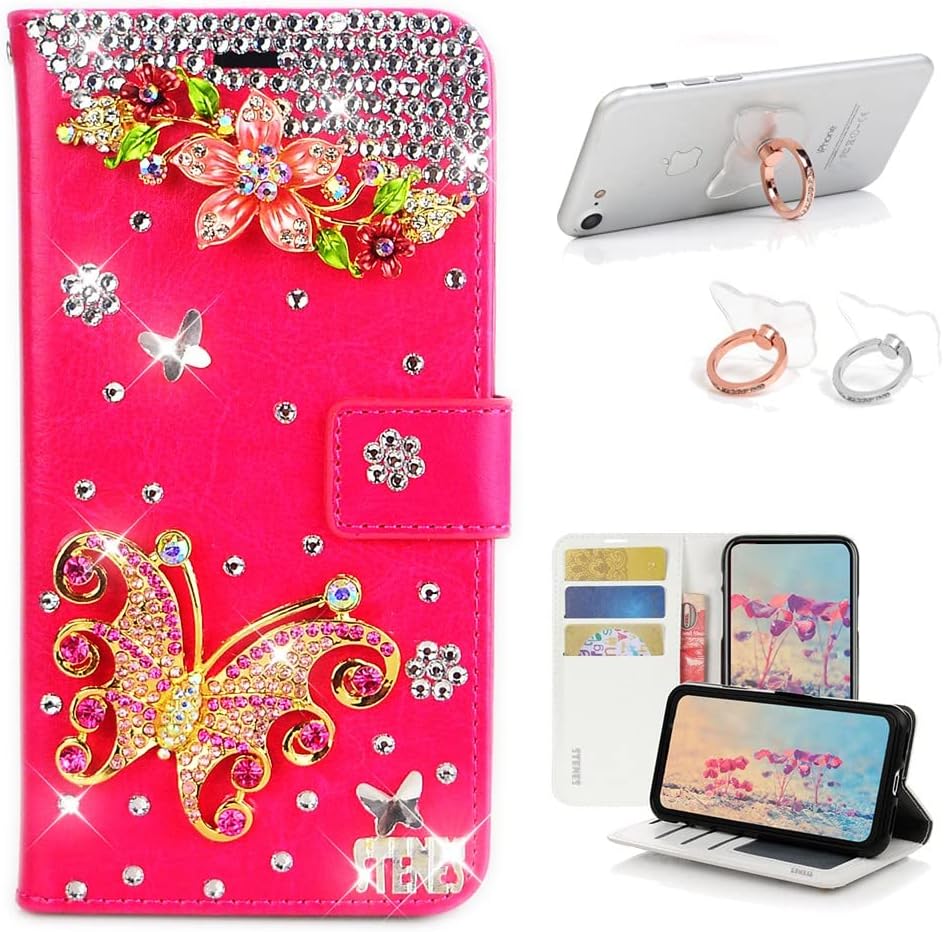 STENES Bling Wallet Phone Case Compatible with Moto G Play 2021 Case - Stylish - 3D Handmade Pretty Flowers Butterfly Glitter Magnetic Wallet Leather Cover with Ring Stand Holder [2 Pack] - Red