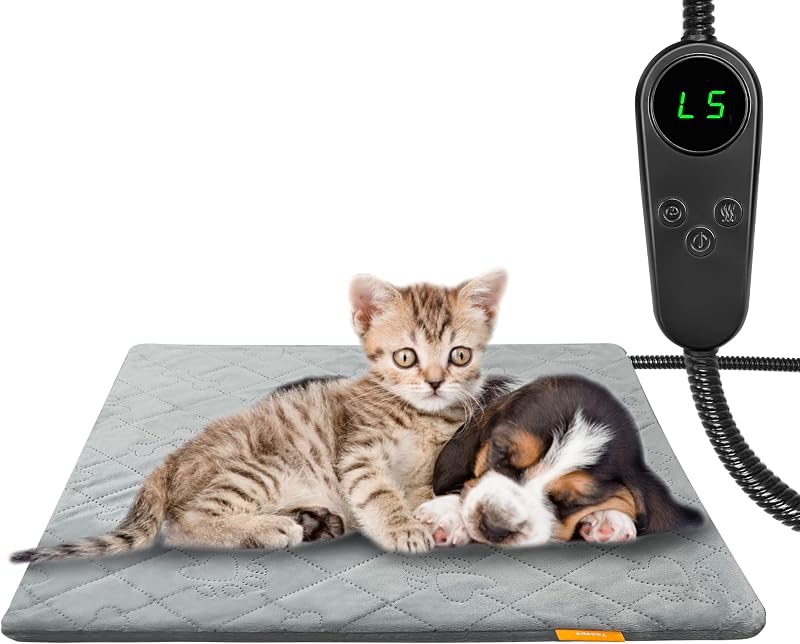 Almohadilla térmica para mascotas para gatos, perros, cama eléctrica con calefacción, estera calentadora impermeable, cable resistente a masticar para interiores y exteriores, ajustable, 5 temporizadores y 6 niveles de temperatura para mascotas, cachorros, animales, 17,7 x 17,7 pulgadas