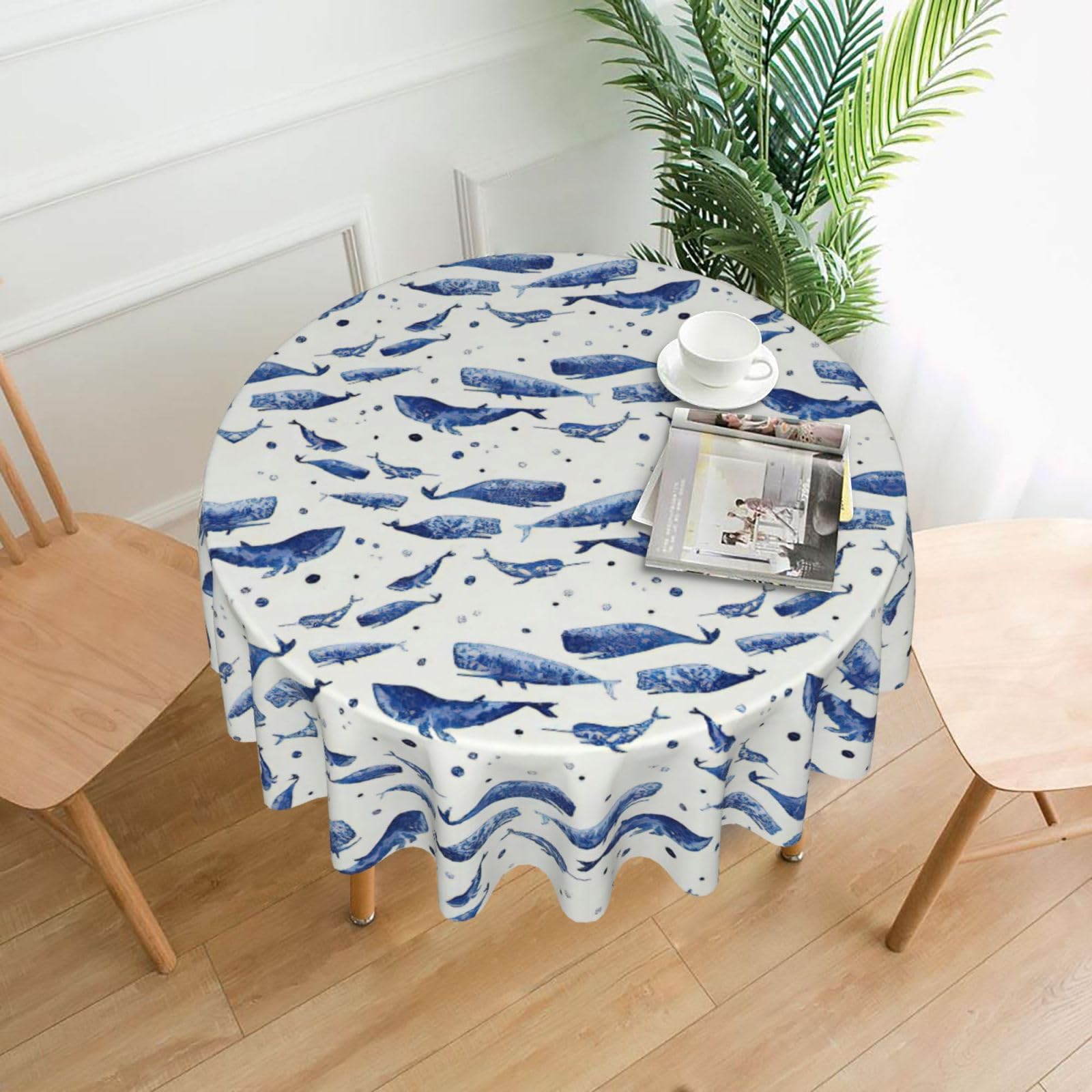 Uusnwaa Small Blue Whale Swimming Print Round Tablecloth 60 Inch, Stain Wrinkle Resistant Washable Polyester Table Cover For Kitchen Party