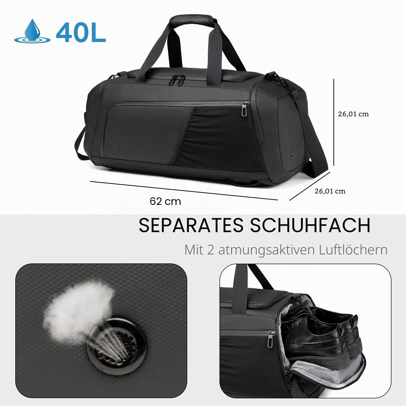Sporttasche Herren Reisetasche 40L Sporttaschen mit Schuhfach Nassfach Wasserdicht Trainingstasche mit Rucksack Weekender Travel Gym Tasche Duffle Bag Fitnesstasche für Herren Damen