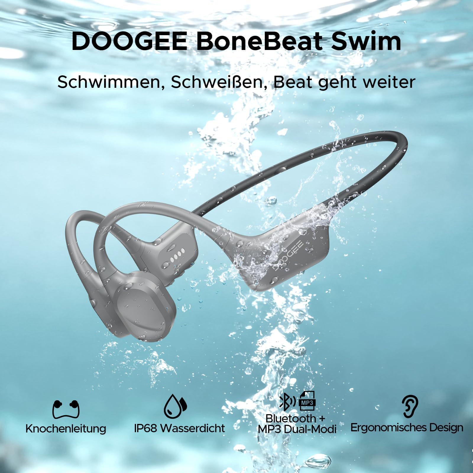Auriculares de conducción ósea, Impermeables IP68 para natación, batería 10h, Bluetooth 5.4, Almacenamiento 32GB, Ideales para Ciclismo (Gray)