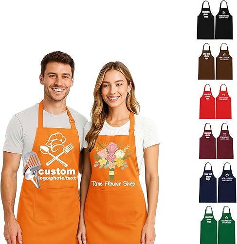 Delantal personalizado con texto de logotipo personalizado para mujeres y hombres, delantal con logotipo personalizado con 2 bolsillos, regalo para