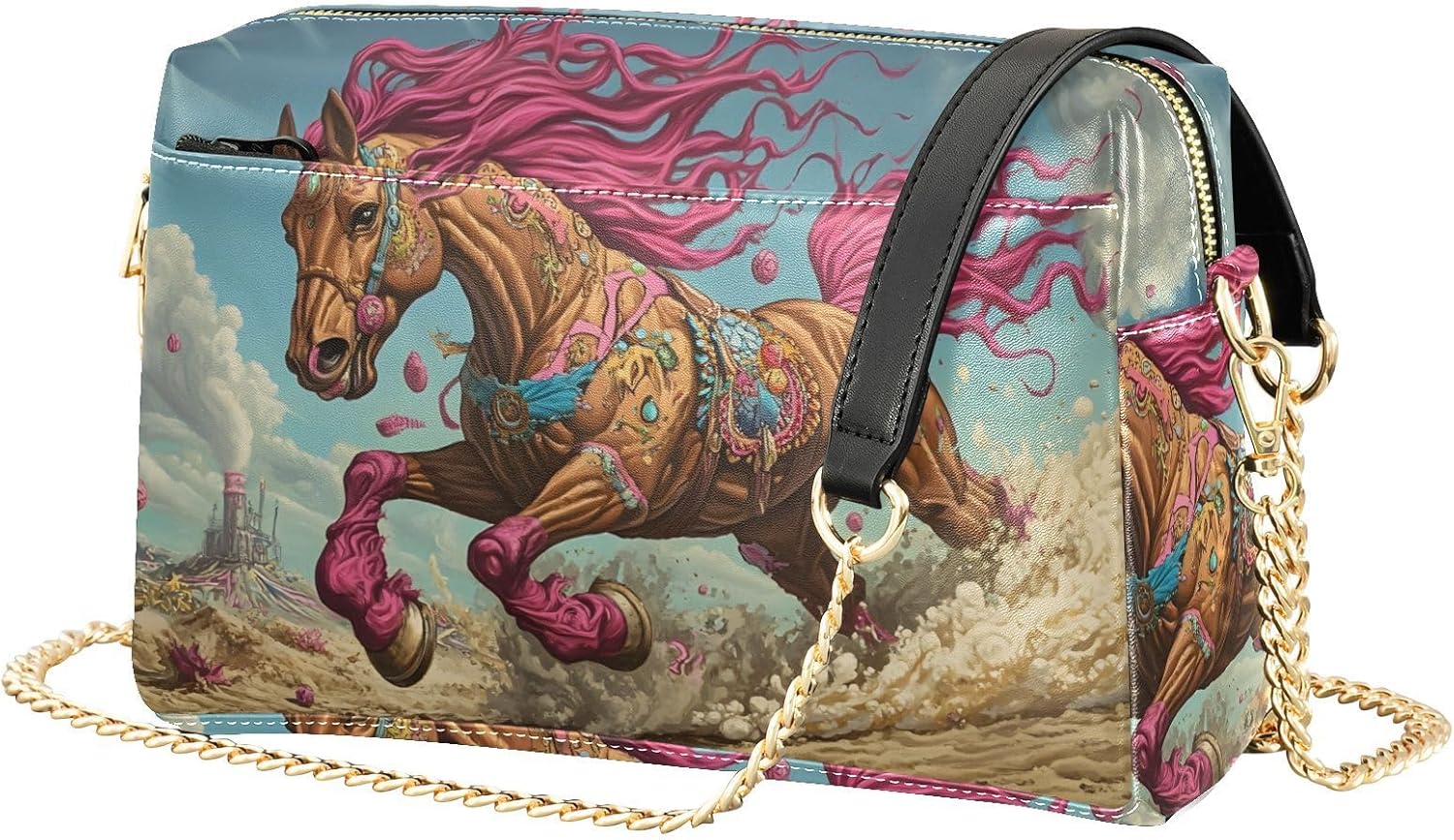 Women Crossbody Bag Shoulder Handbag Cellphone Purse Creepy House Print, PU Leather Metal Chain Strap Water Resistant Zipper Closure