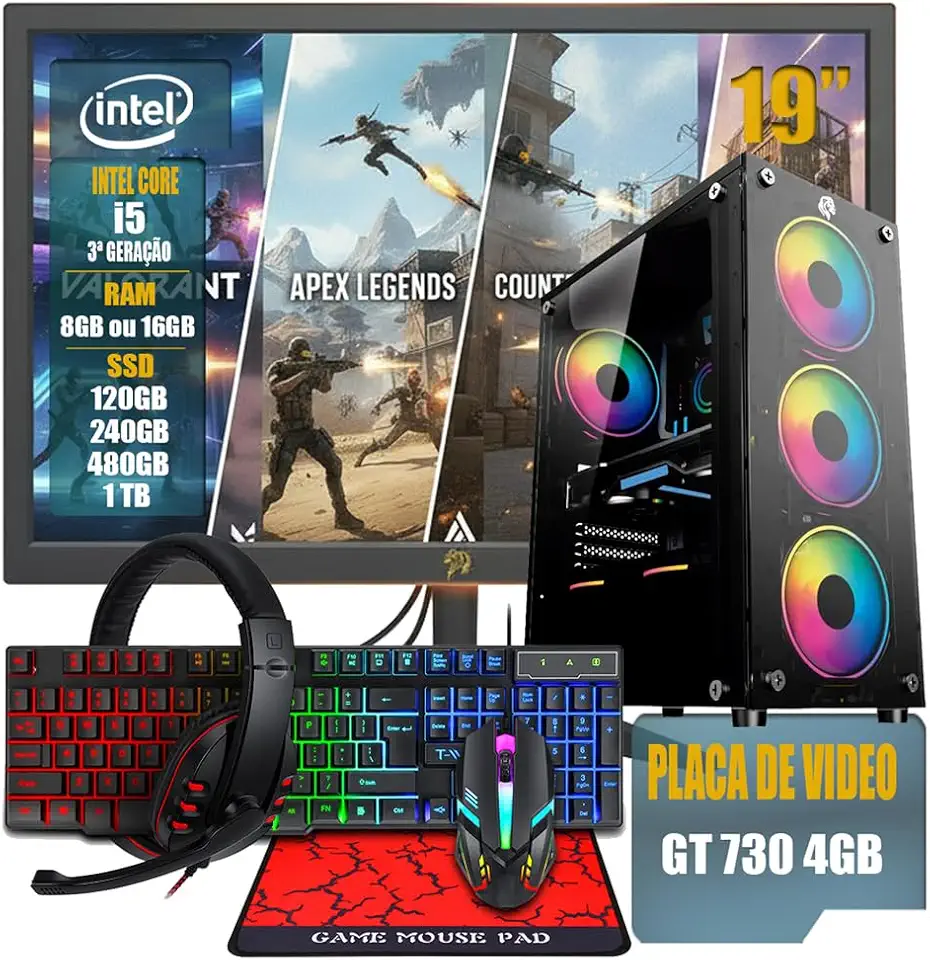 PC Gamer Completo Intel Core i5 3ª Geração, Opções 8GB/16GB RAM, SSD 120GB/240GB/480GB/ 1TB, Placa de Video GT 730 4GB, Windows 11, Monitor LED 19,Teclado e Mouse Gamer, HeadSet (GB, 8, GB, 120)