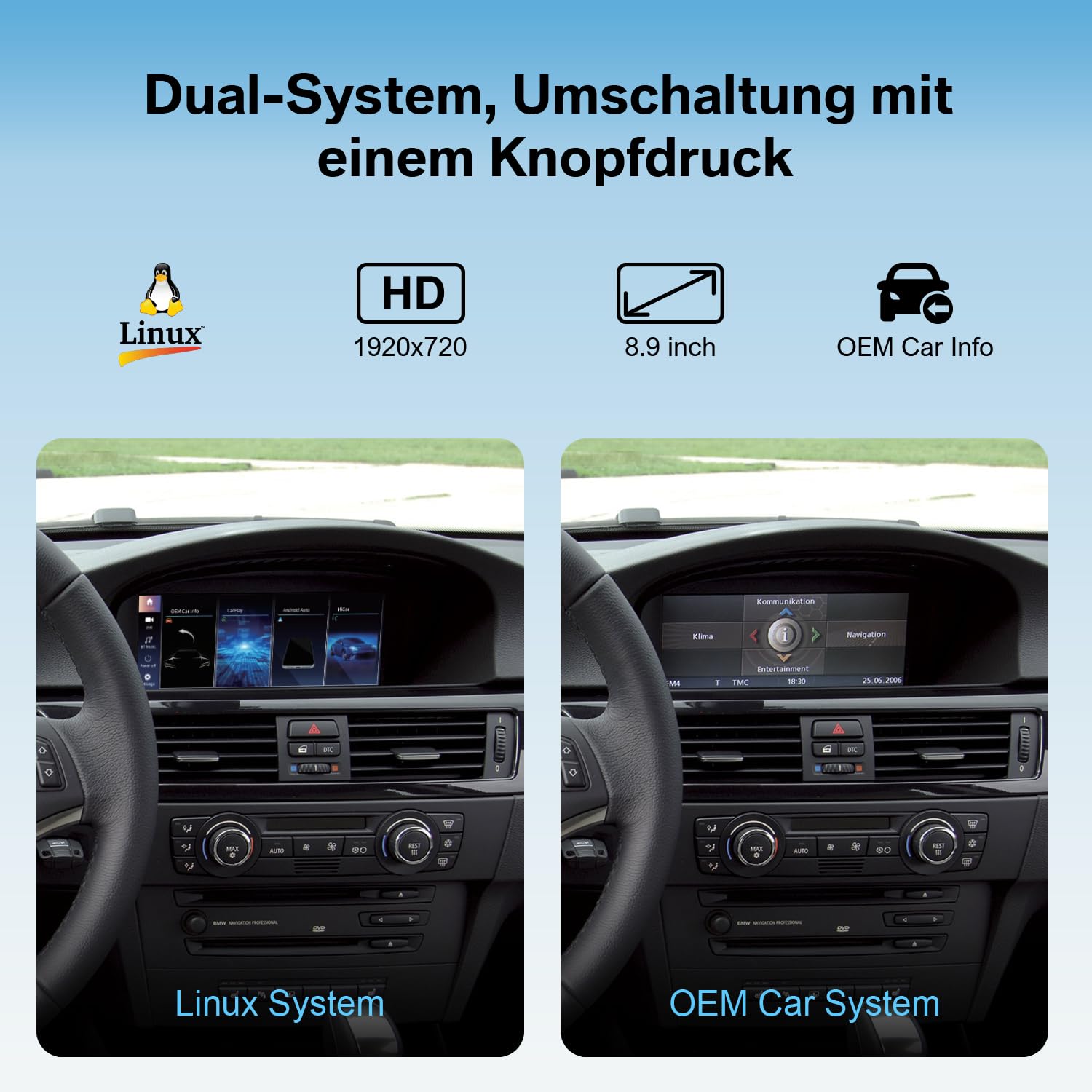 Linux Autoradio für BMW 3er 5er CCC System mit CarPlay & Android Auto | 8,8 Zoll, E90 E91 E92 E93 E60 E61 (2003-2008) Plug & Play, erhält Original iDrive, Lenkradsteuerung OEM Rückfahrkamera