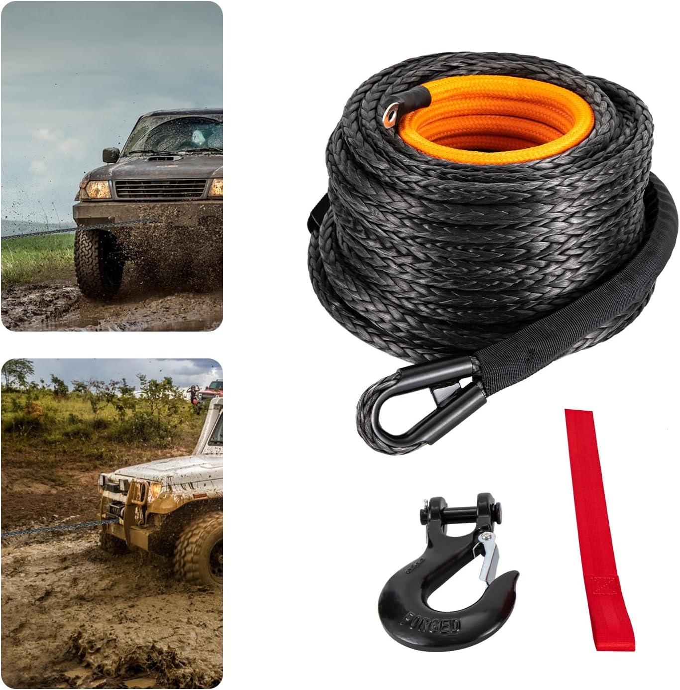 1/2" x92' 31500Lbs Winch Synthetic Rope,Synthetic Winch Rope with Hook,Synthetic Winch Rope,Winch Cable Replacement for Car Tow Recovery,4wd Off Road Vehicle Truck SUV