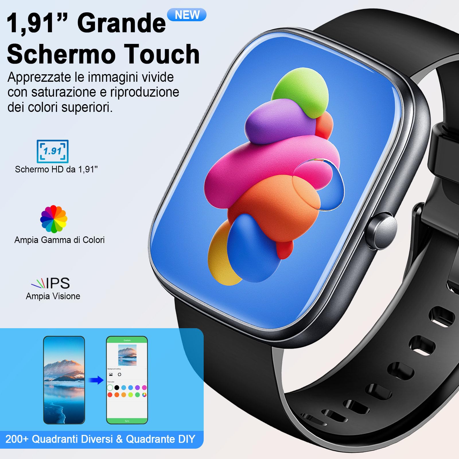 Smartwatch Uomo Donna, 1.91" Orologio Fitness con Effettua/Risposta Chiamate, 110+ Sportive Fitness Tracker, Sonno Cardiofrequenzimetro, Contapassi/Cronometro/Impermeabil IP68 Smart Watch Android iOS