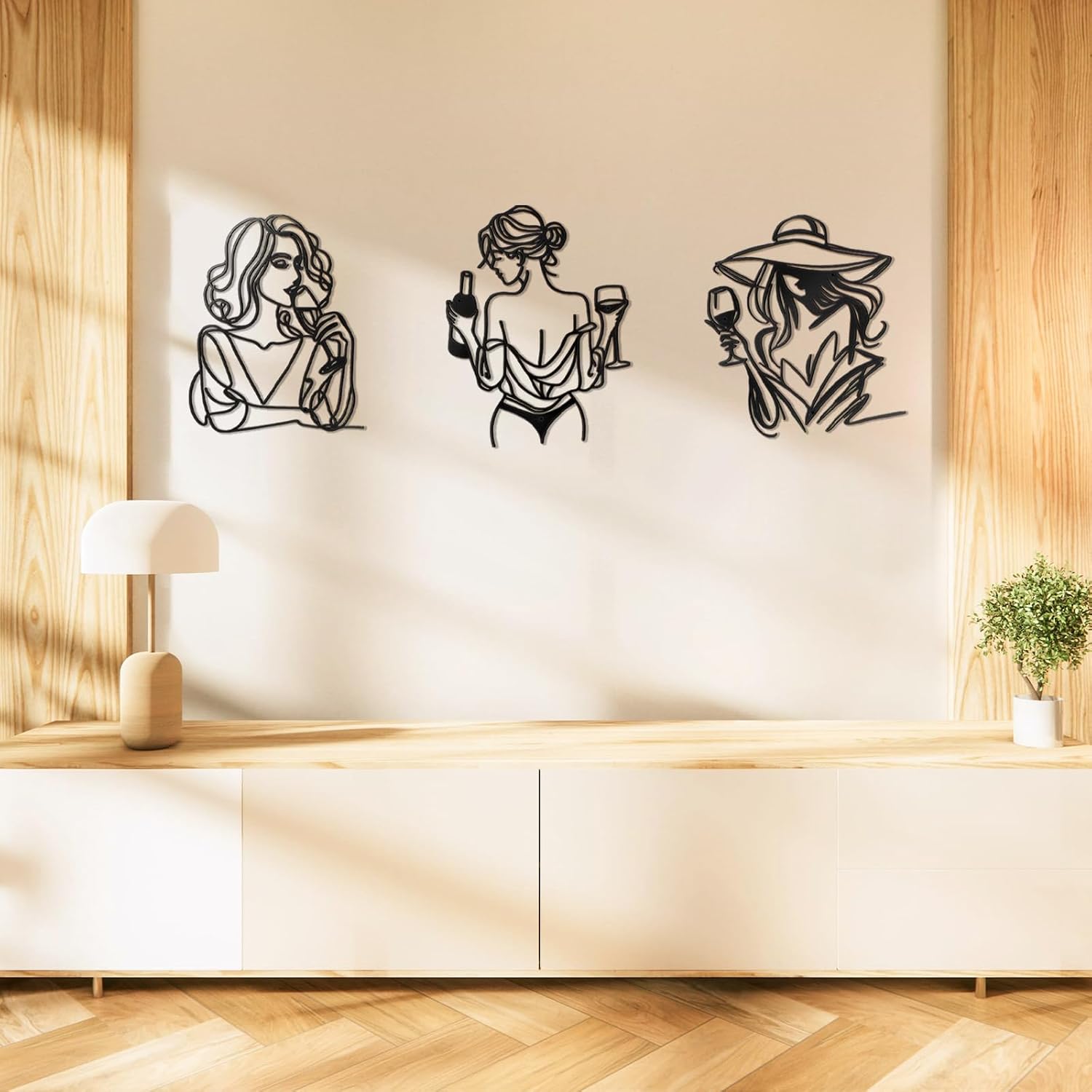 Thenshop 3 Pcs Wine Wall Art Black Metal Bar Art Drinking Woman Wall Decor