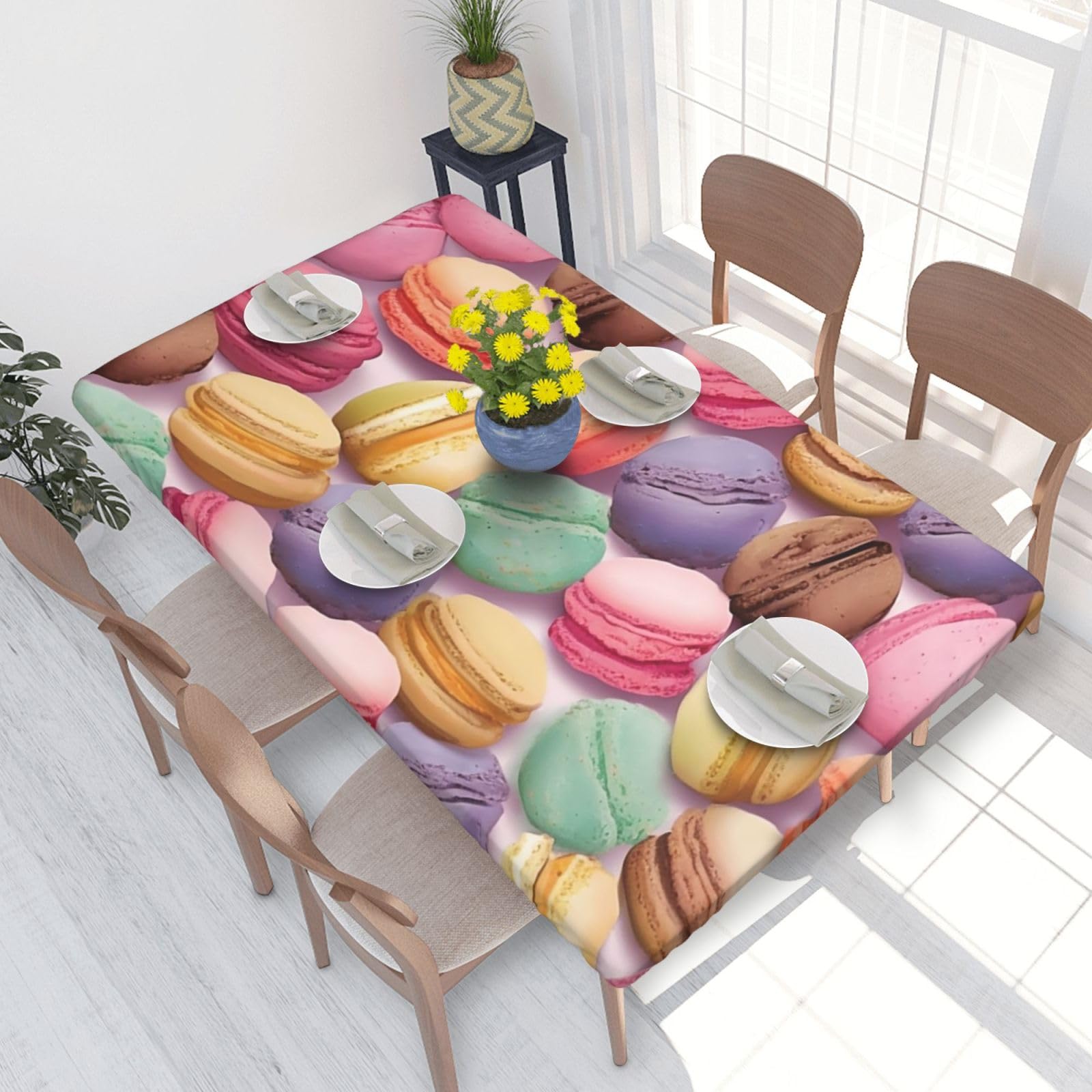 Macaron Biscuit Flavored Pastries Waterproof Square Table Cover Elastic Fitted Tablecloth Oil Proof Table Protector For 4ft Table