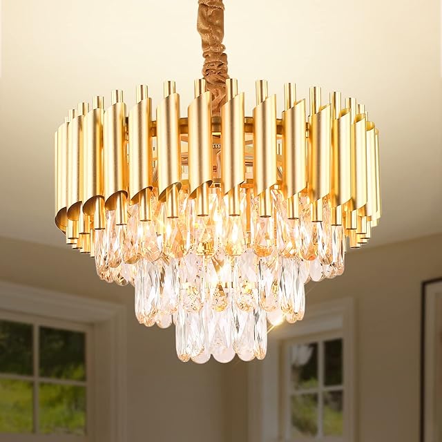 Modern Crystal Pendant Light 3 Tiers Raindrop Crystal Chandelier Round Chandelier Flush Mount Ceiling Lighting Fixture for Living Room Dining Room Lobby Restaurant,E14x5 Lights,Gold