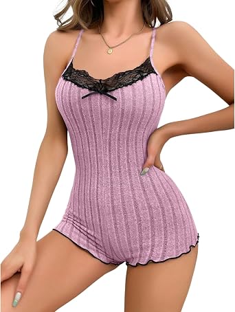 Women Lace One Piece Pajamas Butterfly Back Onesie Sleepwear Strappy Romper