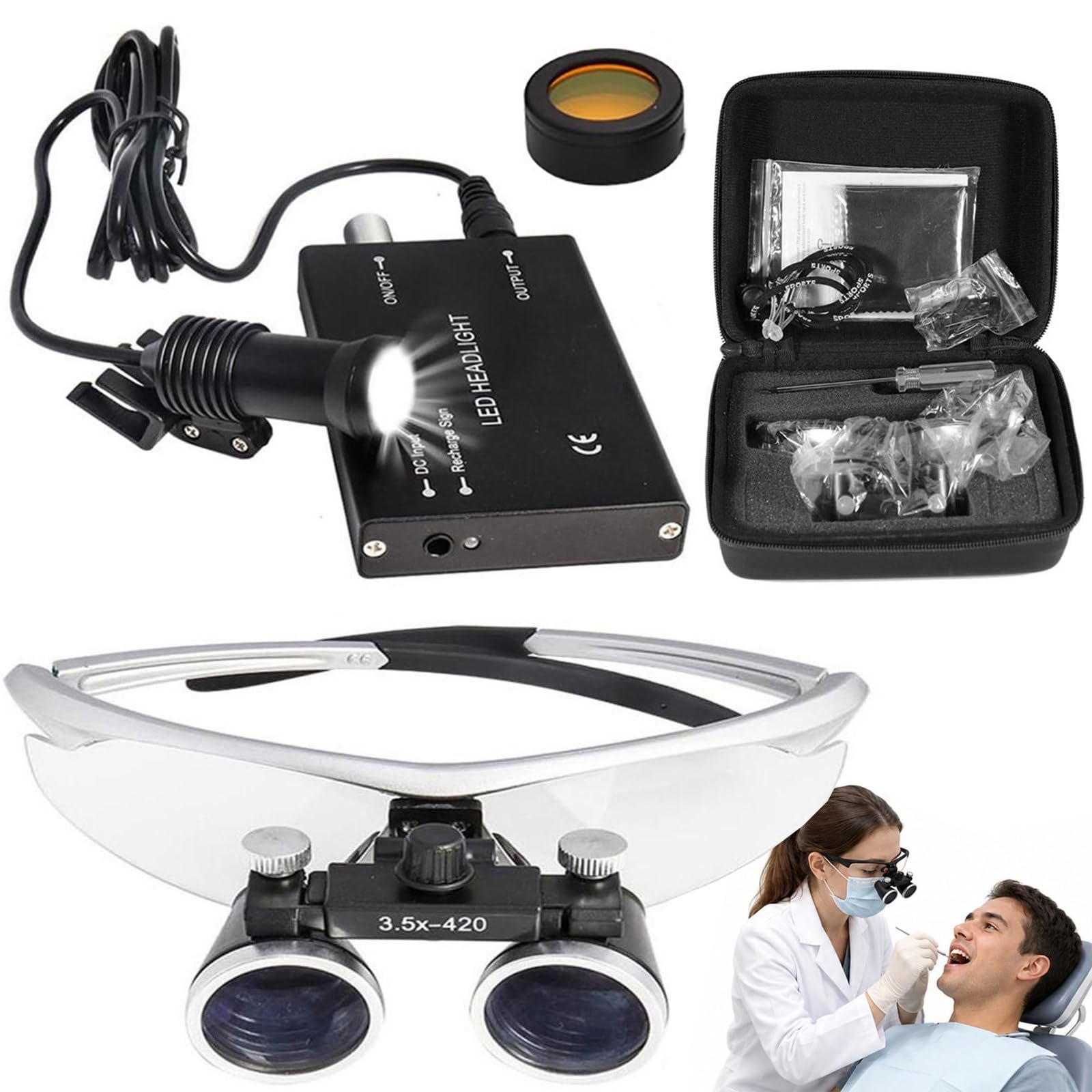 Lupa Binocular Dental con Linterna Frontal Led De 5W, Aumento De 2,5X/3,5X Y Distancia De Trabajo Ajustable De 320-420mm, para Higienistas Dentales Y Laboratorios Silver-2.5X