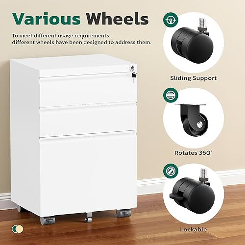 Vista 23 de Greenvelly Archivador móvil de 3 cajones con cerradura, archivador de metal sobre ruedas, archivador debajo del escritorio para organizador de Negro