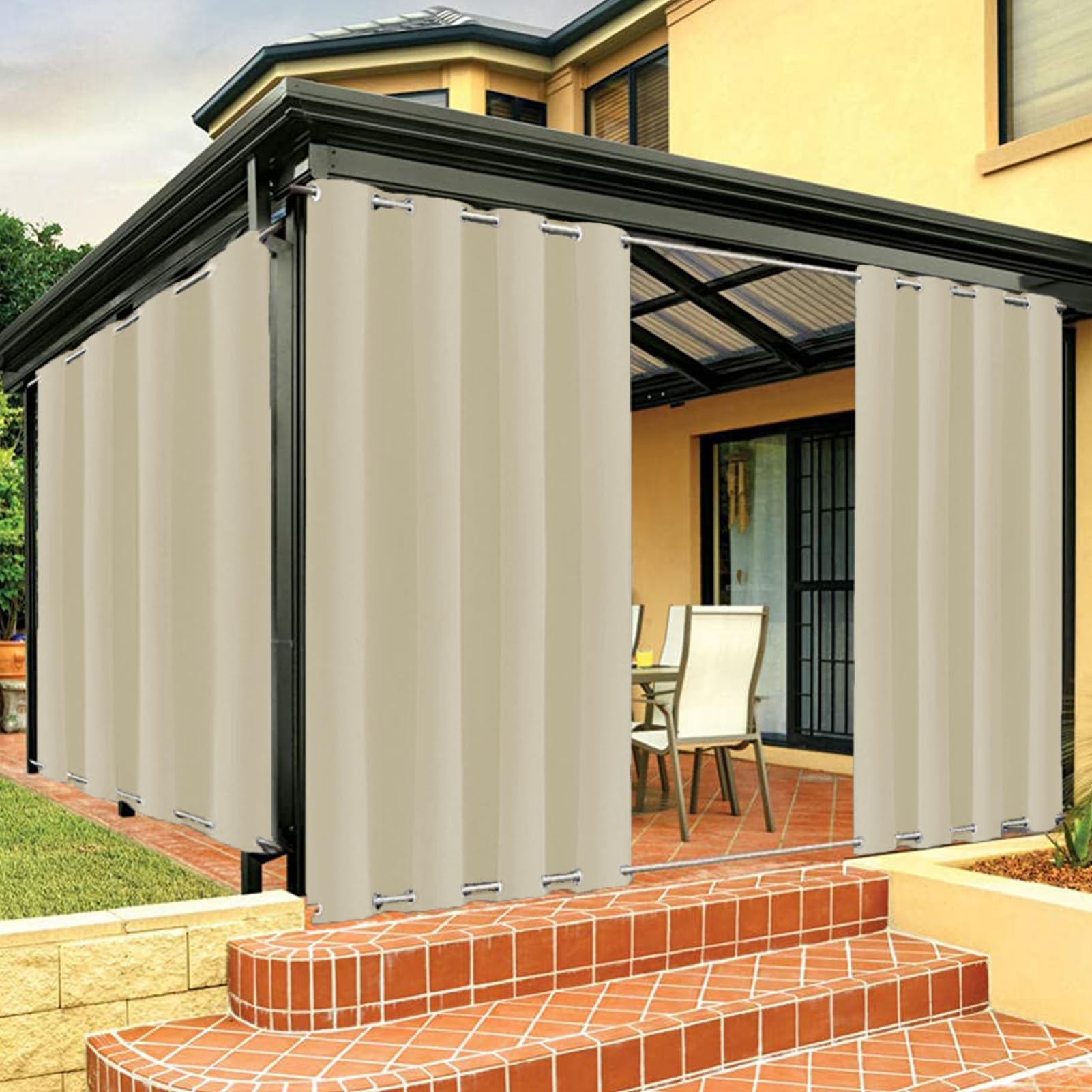 FicaRico Outdoor Curtains for Patio Waterproof Gazebo Curtains, Windproof Curtains with Grommets On Top and Bottom, Sun Blocking Curtains for Pergola, Backyard | 1 Panel, W104 xH96, Biscotti Beige
